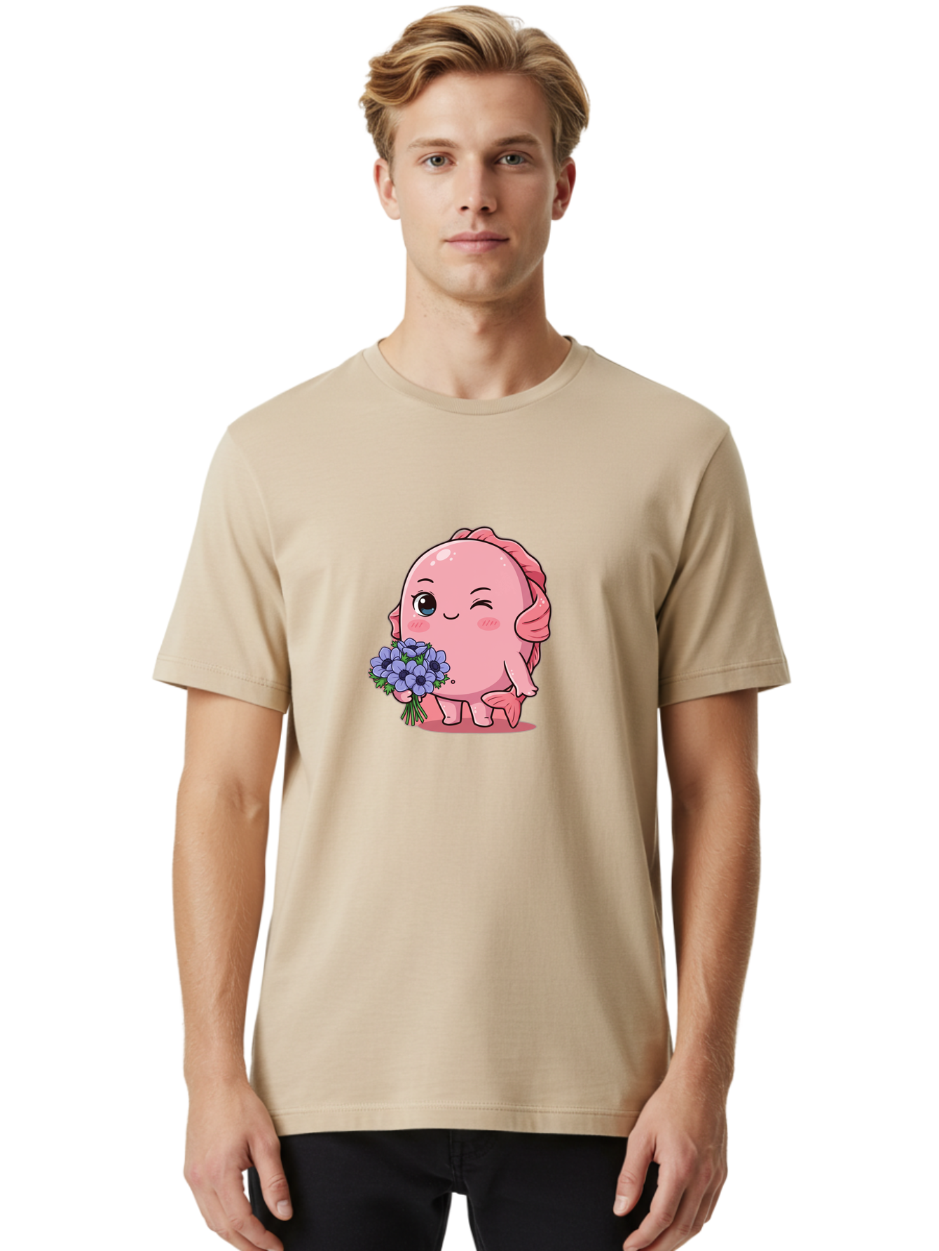 Pink-Axolotl Men'S Graphic Tee, 100% Cotton, Comfortable Casual Summer Wear, Machine Washable, Cartoon Axolotl, Pink Creature, Smiling Animal, Holding Flowers, Blue Blooms, Kawaii Character, Cute Illustration, Adorable Amphibian, Whimsical Art Bae235