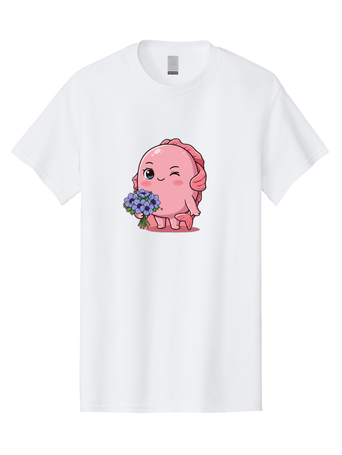 Pink-Axolotl Men'S Graphic Tee, 100% Cotton, Comfortable Casual Summer Wear, Machine Washable, Cartoon Axolotl, Pink Creature, Smiling Animal, Holding Flowers, Blue Blooms, Kawaii Character, Cute Illustration, Adorable Amphibian, Whimsical Art Bae235