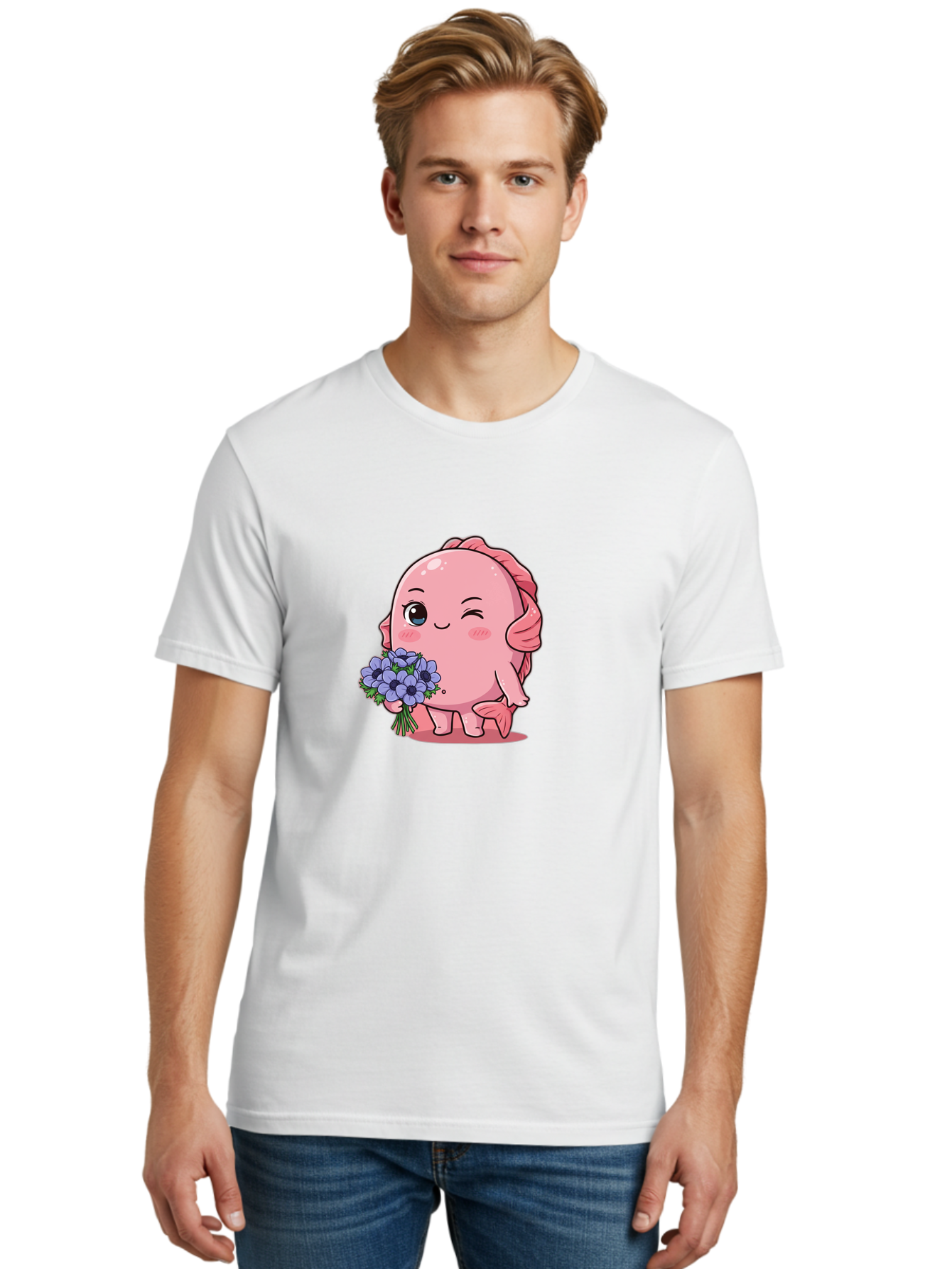 Pink-Axolotl Men'S Graphic Tee, 100% Cotton, Comfortable Casual Summer Wear, Machine Washable, Cartoon Axolotl, Pink Creature, Smiling Animal, Holding Flowers, Blue Blooms, Kawaii Character, Cute Illustration, Adorable Amphibian, Whimsical Art Bae235