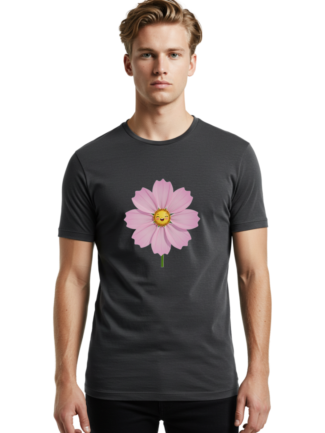 Pink-Flower-Emoji Men'S Graphic Tee, 100% Cotton, Comfortable Casual Summer Wear, Machine Washable, Pink Cosmos Flower, Cartoon Style, Smiling Face, Happy Emoji, Floral Illustration, Cute Design, Flower Graphics, Digital Art, Flower Emoji Bae236