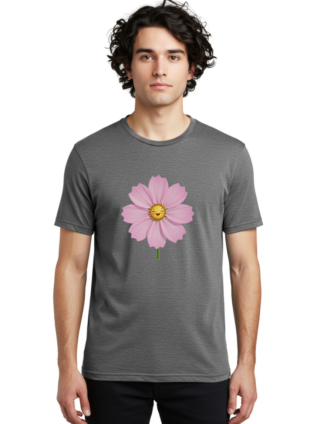 Pink-Flower-Emoji Men'S Graphic Tee, 100% Cotton, Comfortable Casual Summer Wear, Machine Washable, Pink Cosmos Flower, Cartoon Style, Smiling Face, Happy Emoji, Floral Illustration, Cute Design, Flower Graphics, Digital Art, Flower Emoji Bae236