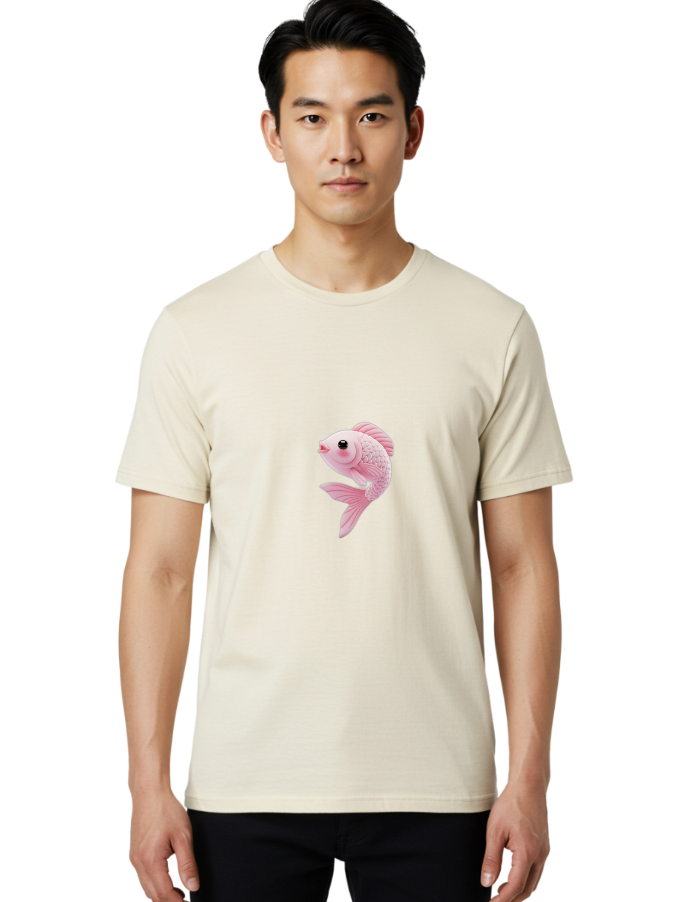 Pink-Goldfish Men'S Graphic Tee, 100% Cotton, Comfortable Casual Summer Wear, Machine Washable, Pink Fish, Cartoon Style, Kawaii Character, Toy-Like Appearance, Playful Design, Aquatic Theme, Cute Expression, Isolated Graphic Bae237