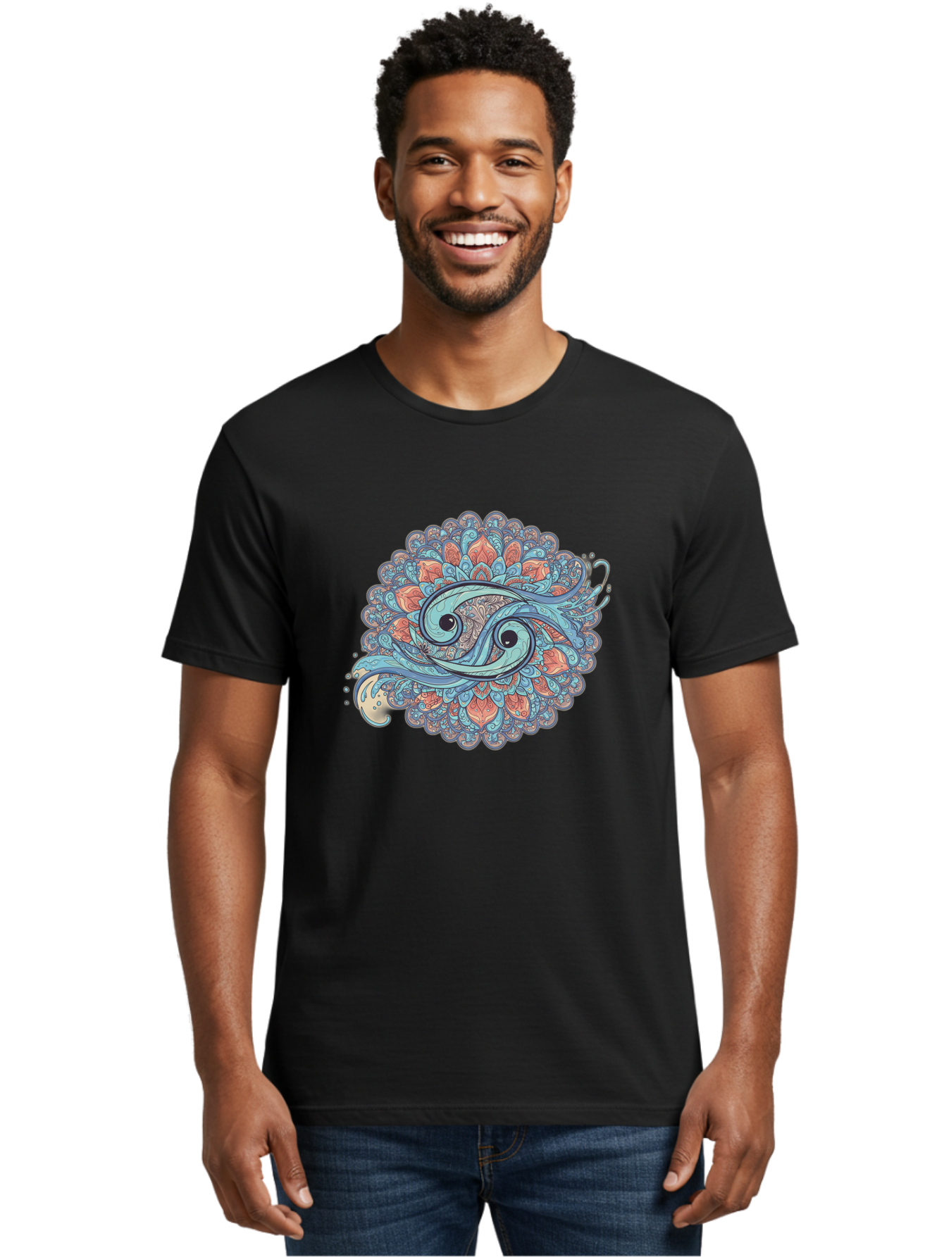 Pisces-Symbol Men'S Graphic Tee, 100% Cotton, Comfortable Casual Summer Wear, Machine Washable, Pisces Zodiac Sign, Fish Symbol, Astrology Illustration, Intricate Design, Mystical Art, Celestial Theme, Abstract Shapes, Blue And Orange Hues, Bae239