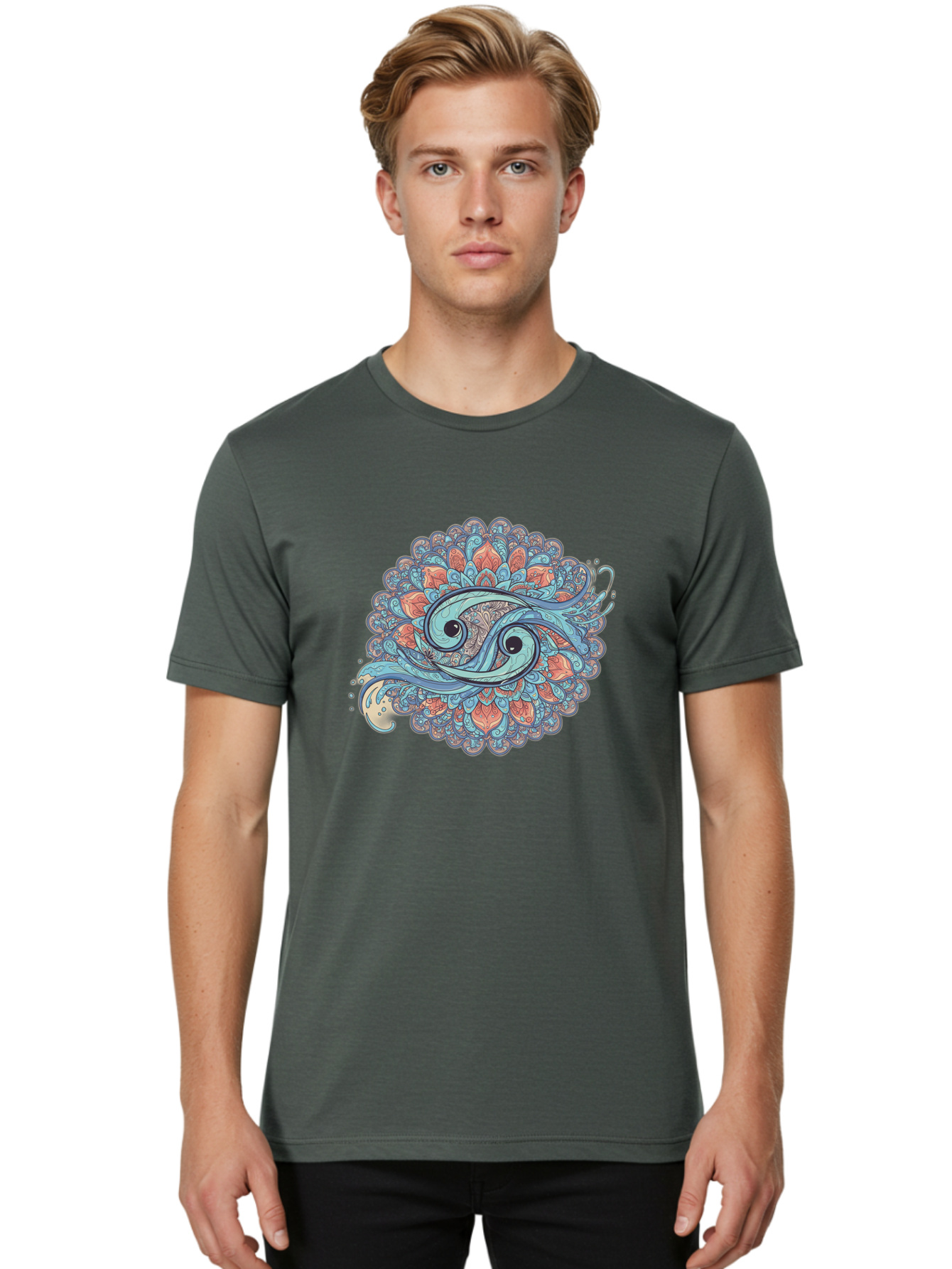 Pisces-Symbol Men'S Graphic Tee, 100% Cotton, Comfortable Casual Summer Wear, Machine Washable, Pisces Zodiac Sign, Fish Symbol, Astrology Illustration, Intricate Design, Mystical Art, Celestial Theme, Abstract Shapes, Blue And Orange Hues, Bae239