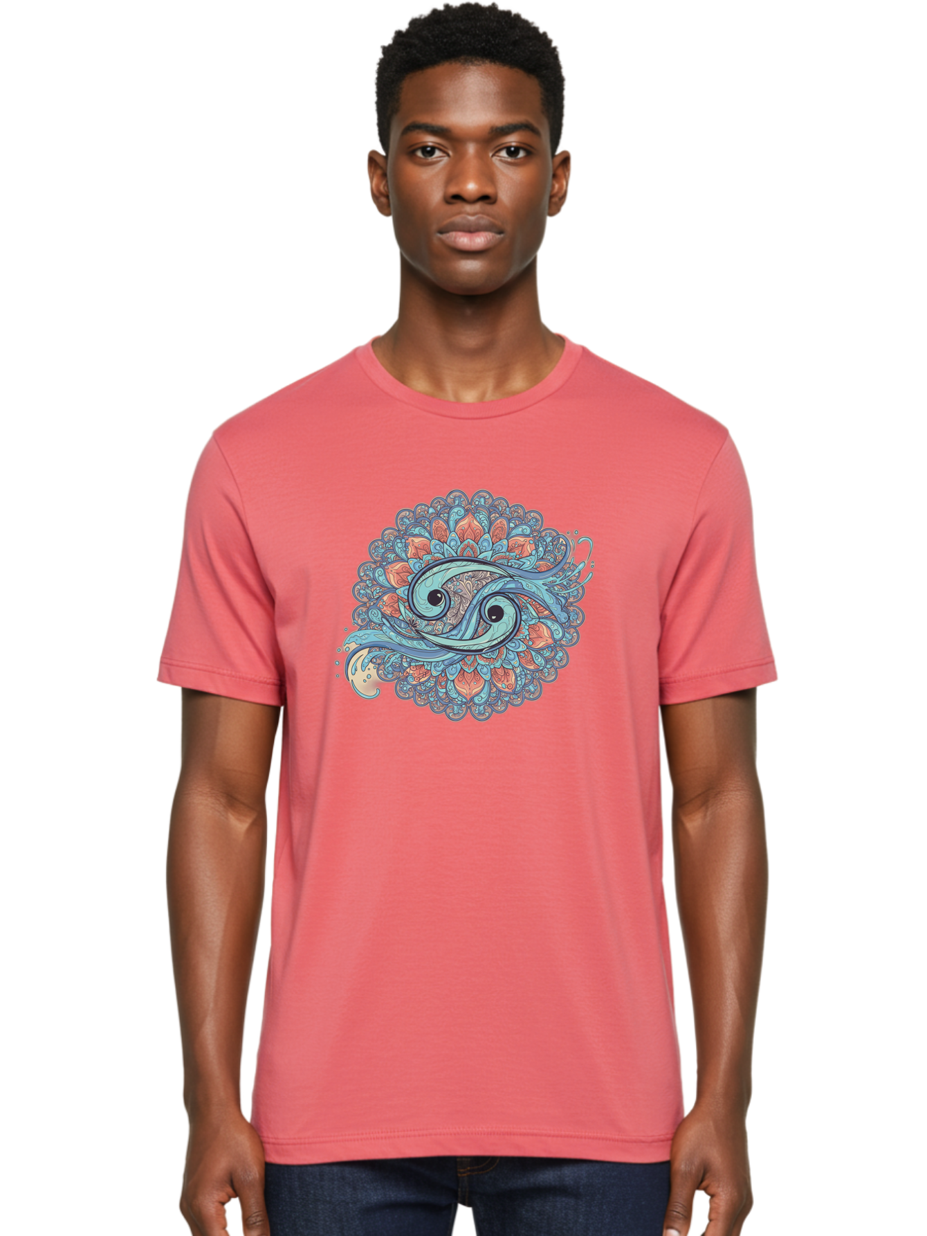 Pisces-Symbol Men'S Graphic Tee, 100% Cotton, Comfortable Casual Summer Wear, Machine Washable, Pisces Zodiac Sign, Fish Symbol, Astrology Illustration, Intricate Design, Mystical Art, Celestial Theme, Abstract Shapes, Blue And Orange Hues, Bae239