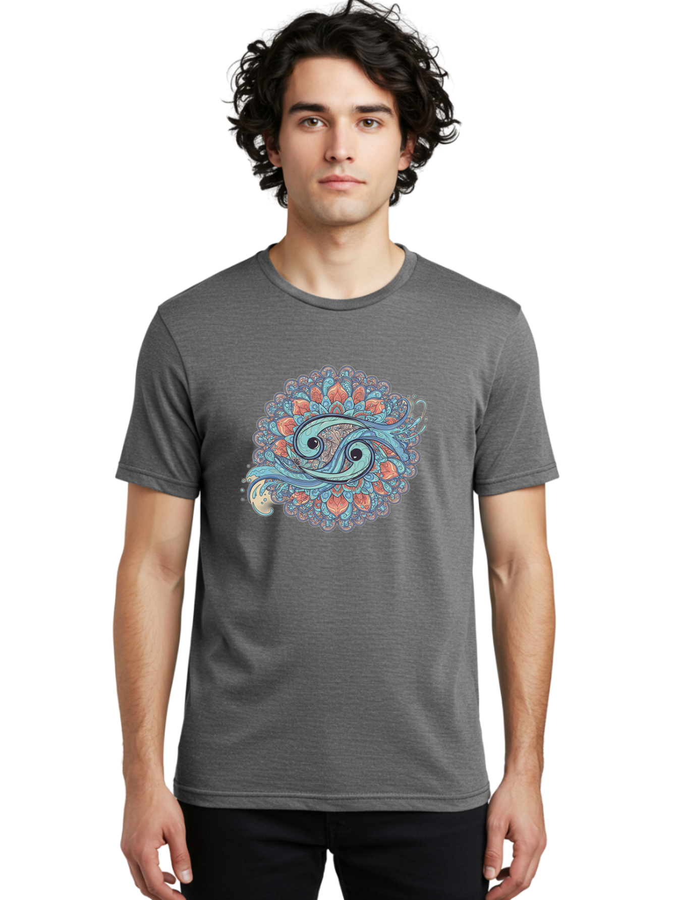 Pisces-Symbol Men'S Graphic Tee, 100% Cotton, Comfortable Casual Summer Wear, Machine Washable, Pisces Zodiac Sign, Fish Symbol, Astrology Illustration, Intricate Design, Mystical Art, Celestial Theme, Abstract Shapes, Blue And Orange Hues, Bae239