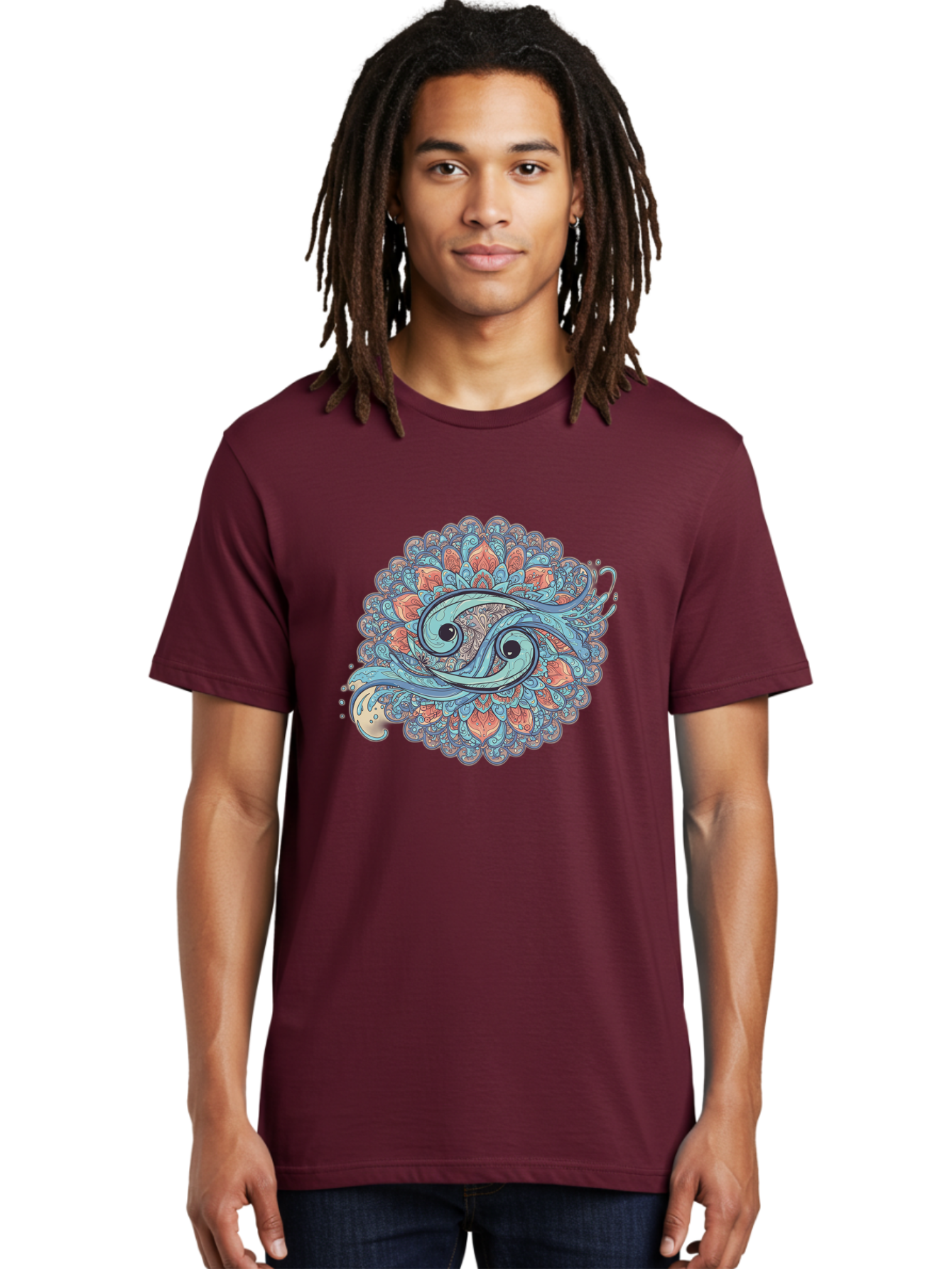 Pisces-Symbol Men'S Graphic Tee, 100% Cotton, Comfortable Casual Summer Wear, Machine Washable, Pisces Zodiac Sign, Fish Symbol, Astrology Illustration, Intricate Design, Mystical Art, Celestial Theme, Abstract Shapes, Blue And Orange Hues, Bae239
