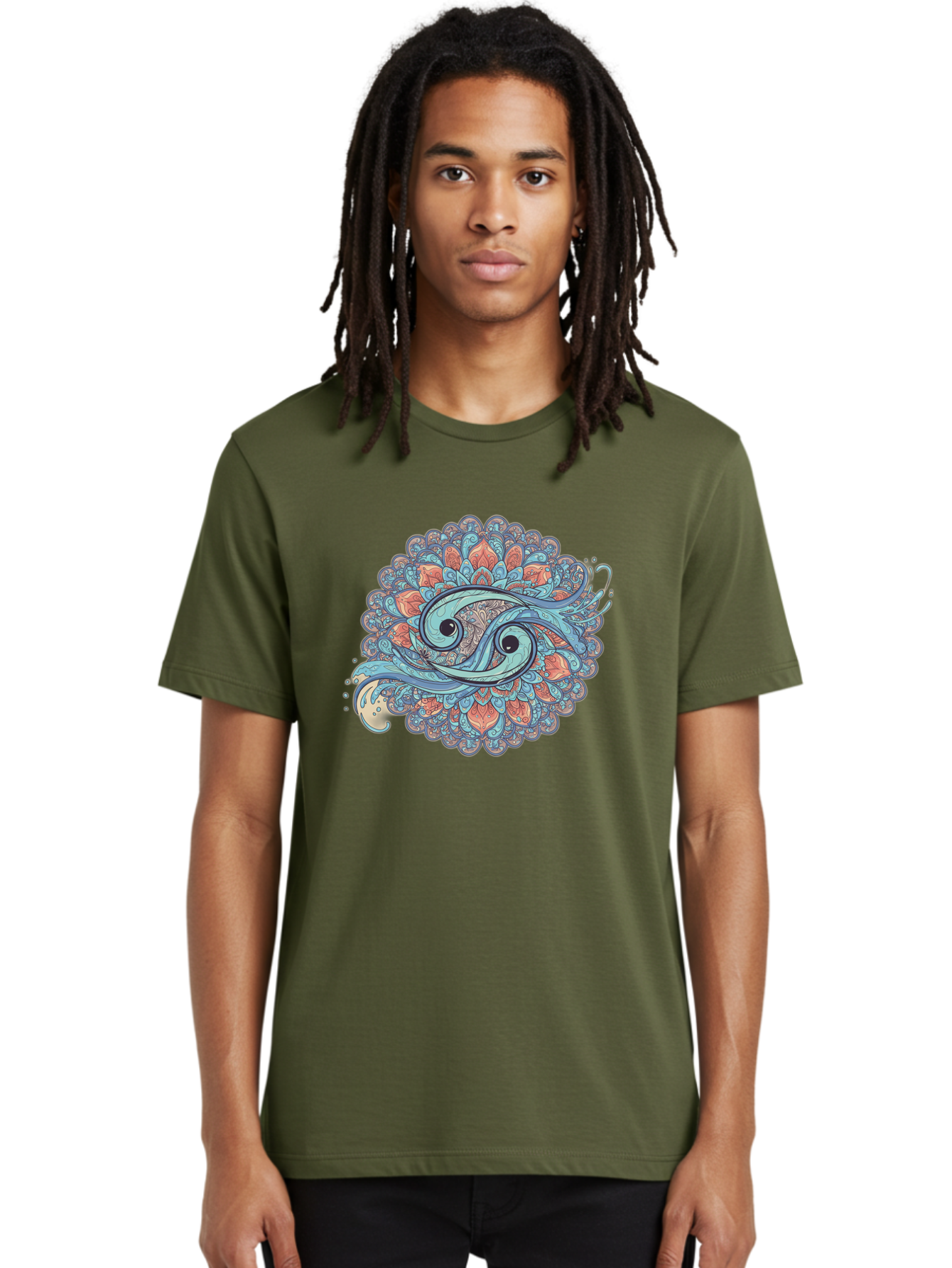 Pisces-Symbol Men'S Graphic Tee, 100% Cotton, Comfortable Casual Summer Wear, Machine Washable, Pisces Zodiac Sign, Fish Symbol, Astrology Illustration, Intricate Design, Mystical Art, Celestial Theme, Abstract Shapes, Blue And Orange Hues, Bae239