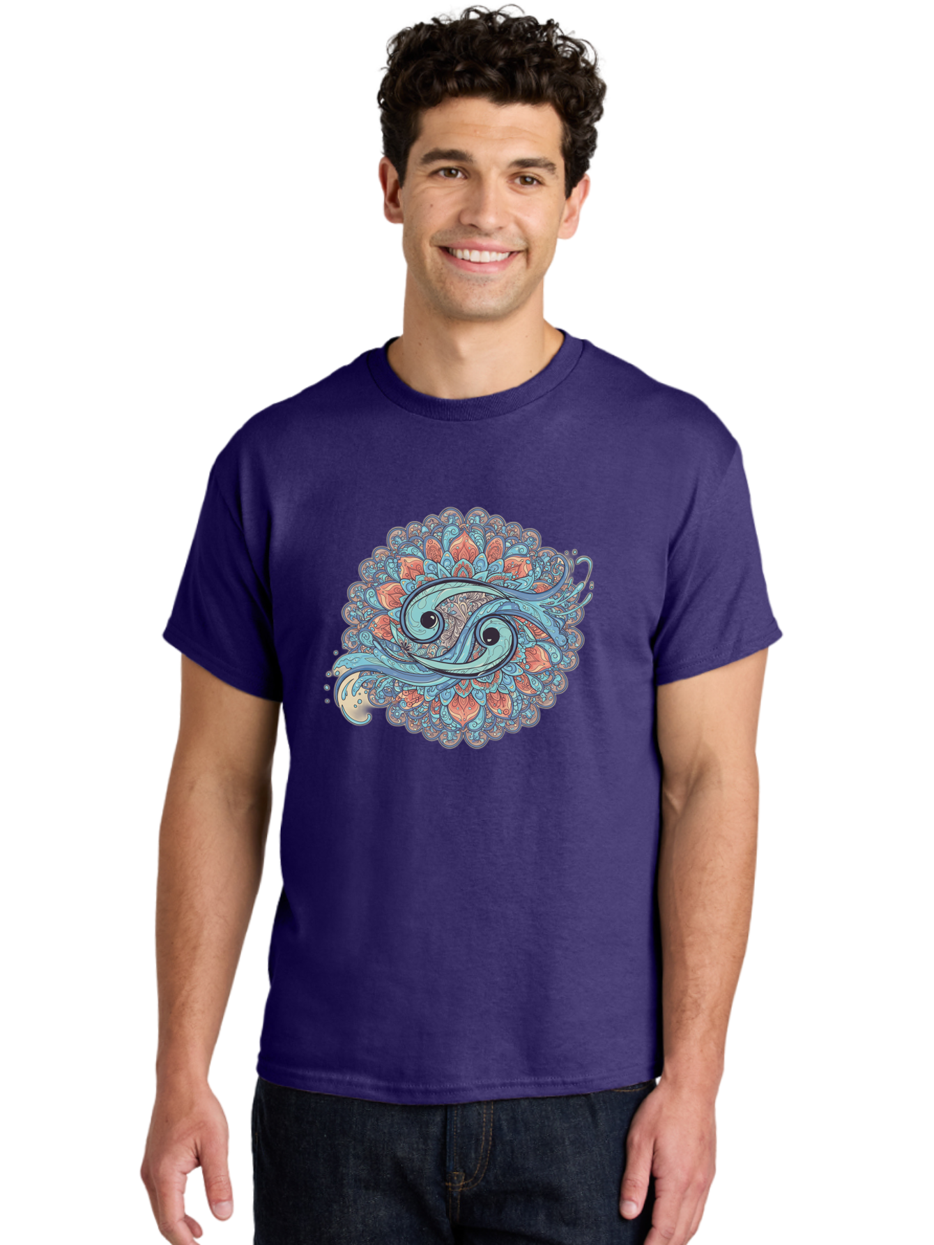 Pisces-Symbol Men'S Graphic Tee, 100% Cotton, Comfortable Casual Summer Wear, Machine Washable, Pisces Zodiac Sign, Fish Symbol, Astrology Illustration, Intricate Design, Mystical Art, Celestial Theme, Abstract Shapes, Blue And Orange Hues, Bae239