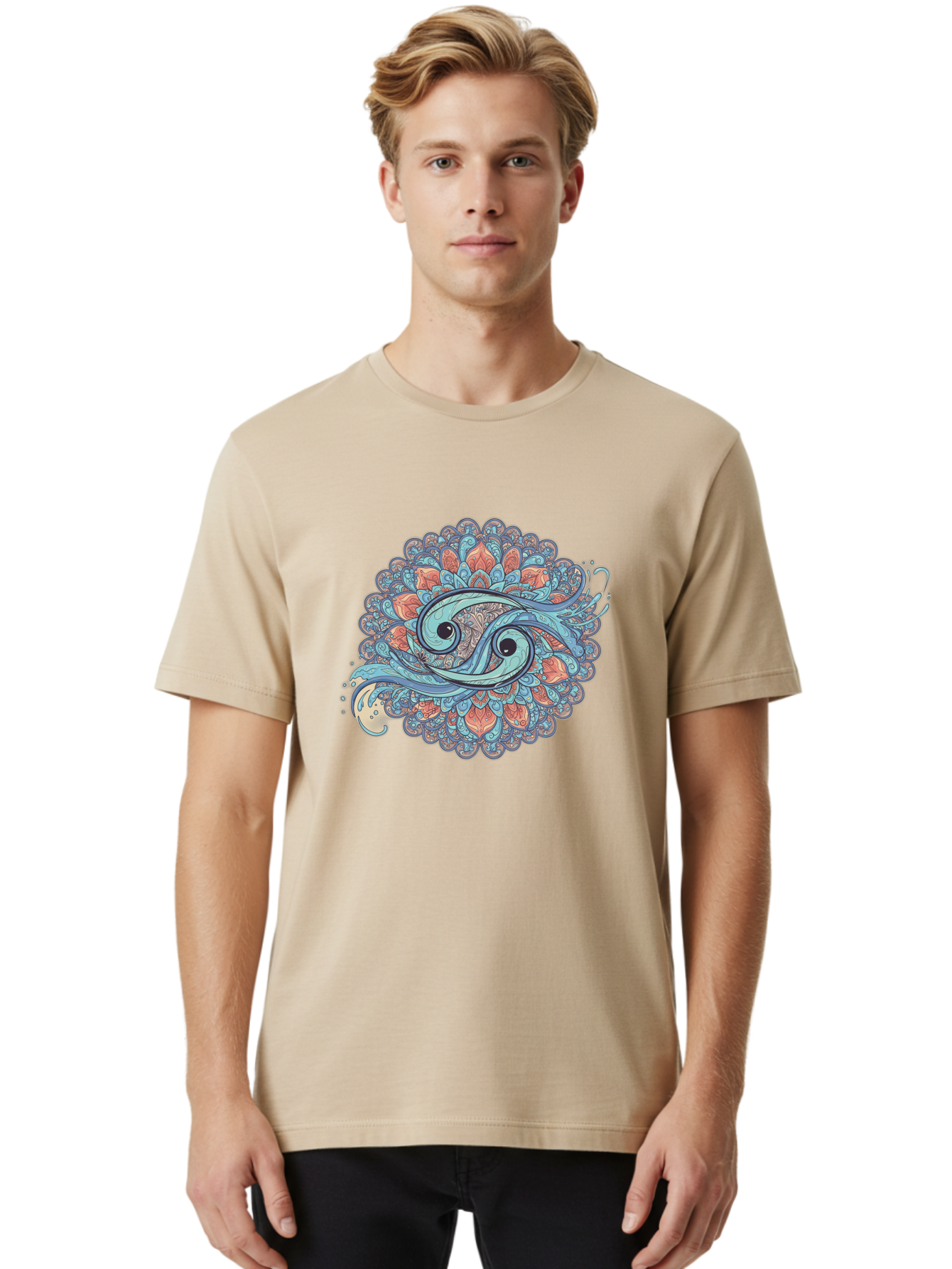 Pisces-Symbol Men'S Graphic Tee, 100% Cotton, Comfortable Casual Summer Wear, Machine Washable, Pisces Zodiac Sign, Fish Symbol, Astrology Illustration, Intricate Design, Mystical Art, Celestial Theme, Abstract Shapes, Blue And Orange Hues, Bae239