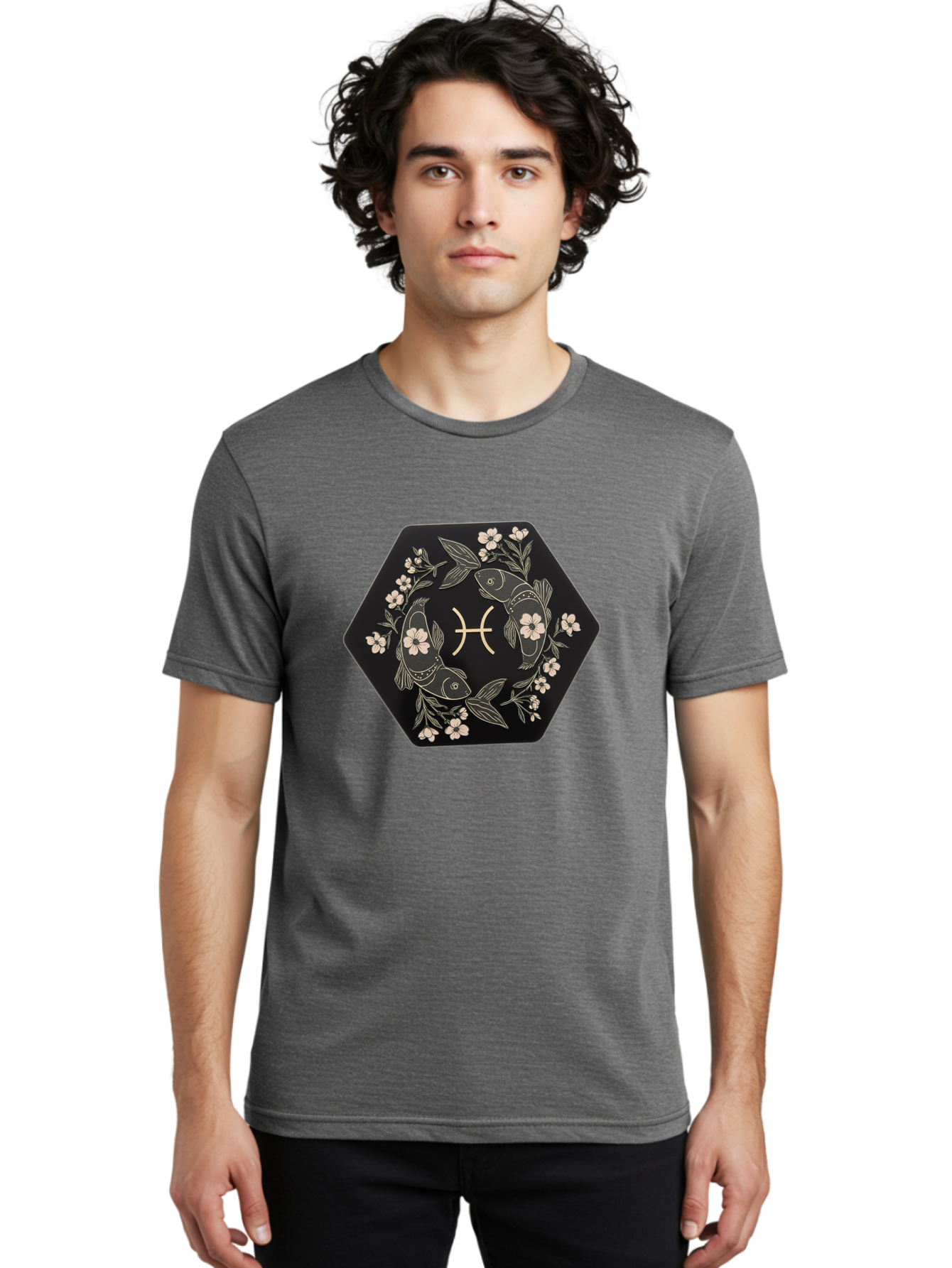 Pisces-Zodiac-Symbol Men'S Graphic Tee, 100% Cotton, Comfortable Casual Summer Wear, Machine Washable, Pisces Zodiac Symbol, Fish Illustration, Floral Wreath, Astrology Sign, Horoscope, Mystical Design, Esoteric Art, Spiritual Symbolism, Bae240