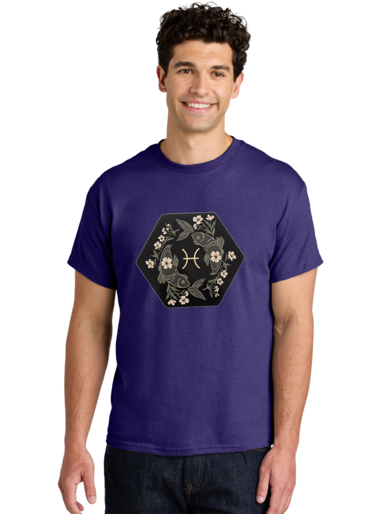 Pisces-Zodiac-Symbol Men'S Graphic Tee, 100% Cotton, Comfortable Casual Summer Wear, Machine Washable, Pisces Zodiac Symbol, Fish Illustration, Floral Wreath, Astrology Sign, Horoscope, Mystical Design, Esoteric Art, Spiritual Symbolism, Bae240