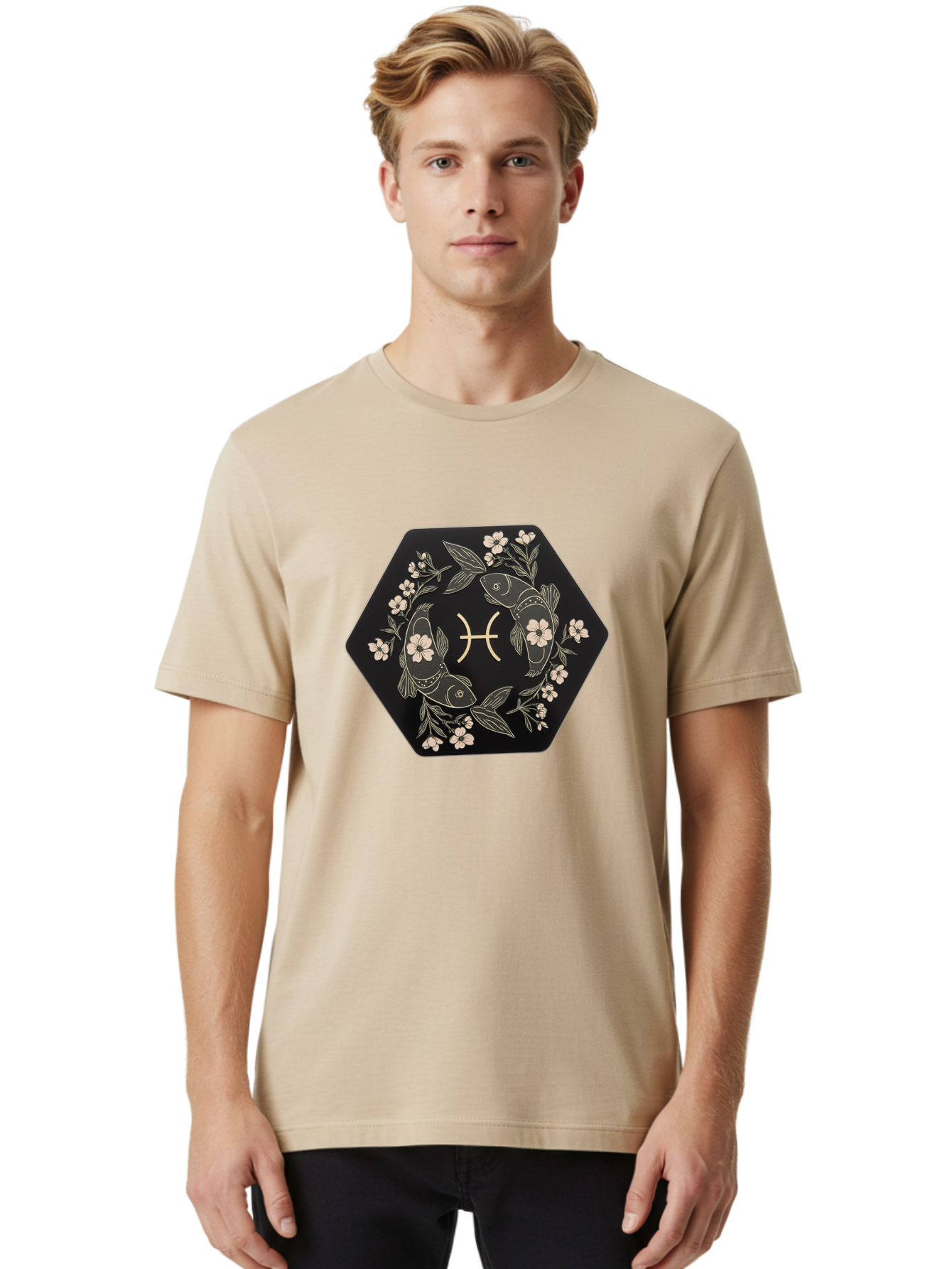 Pisces-Zodiac-Symbol Men'S Graphic Tee, 100% Cotton, Comfortable Casual Summer Wear, Machine Washable, Pisces Zodiac Symbol, Fish Illustration, Floral Wreath, Astrology Sign, Horoscope, Mystical Design, Esoteric Art, Spiritual Symbolism, Bae240