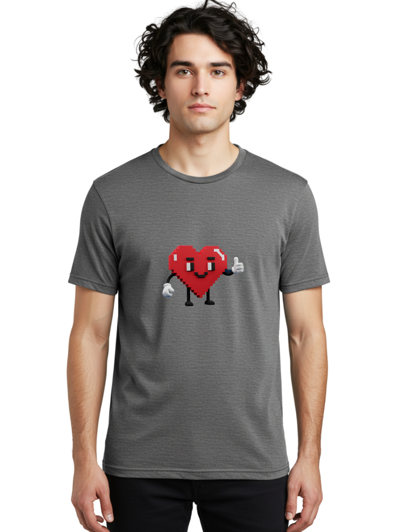Pixel-Heart Men'S Graphic Tee, 100% Cotton, Comfortable Casual Summer Wear, Machine Washable, Red Heart Character, Pixel Art Style, Thumbs Up Gesture, Friendly Expression, Cute Design, Gaming-Inspired, Digital Illustration, Love Symbol Bae241