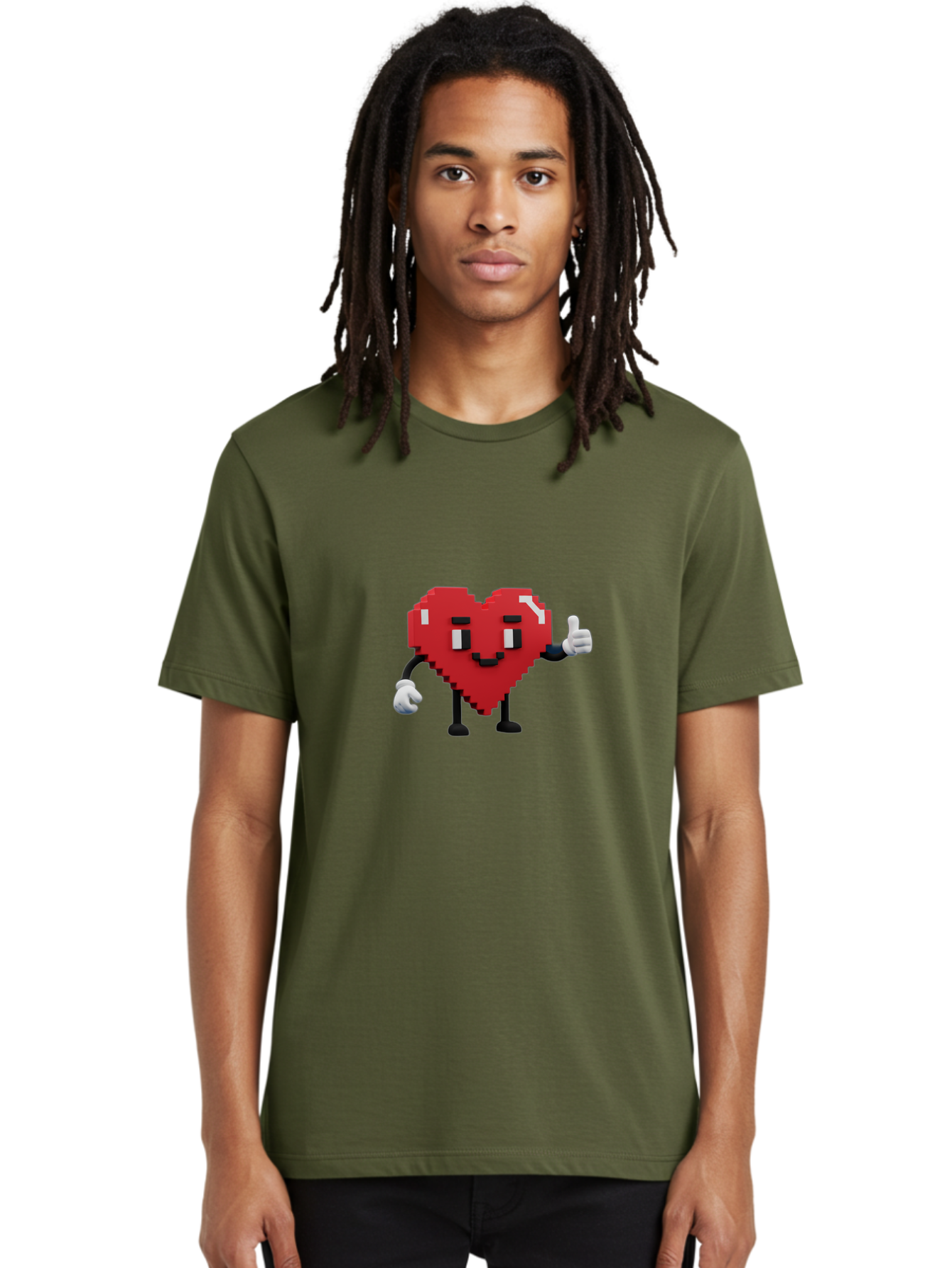 Pixel-Heart Men'S Graphic Tee, 100% Cotton, Comfortable Casual Summer Wear, Machine Washable, Red Heart Character, Pixel Art Style, Thumbs Up Gesture, Friendly Expression, Cute Design, Gaming-Inspired, Digital Illustration, Love Symbol Bae241