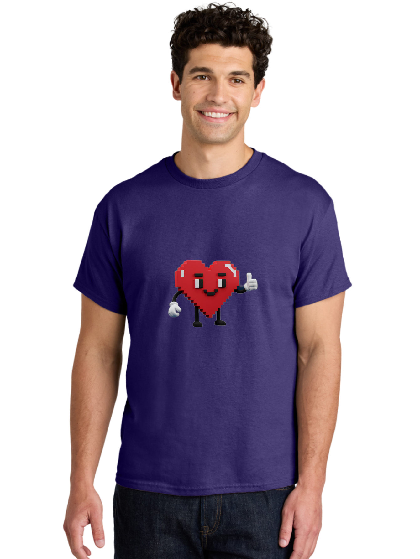 Pixel-Heart Men'S Graphic Tee, 100% Cotton, Comfortable Casual Summer Wear, Machine Washable, Red Heart Character, Pixel Art Style, Thumbs Up Gesture, Friendly Expression, Cute Design, Gaming-Inspired, Digital Illustration, Love Symbol Bae241