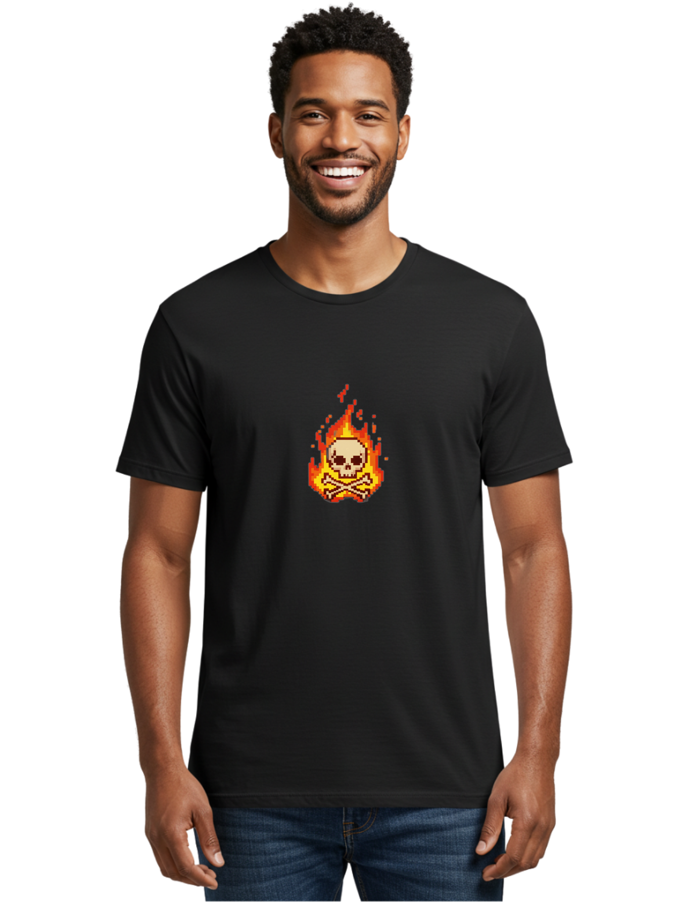 Pixel-Skull-And-Crossbones Men'S Graphic Tee, 100% Cotton, Comfortable Casual Summer Wear, Machine Washable, Death Symbol, Danger Sign, Warning Sign, Skull And Crossbones, Pixel Art, Retro Gaming, Grunge Aesthetics, Fiery Flames, Bae242