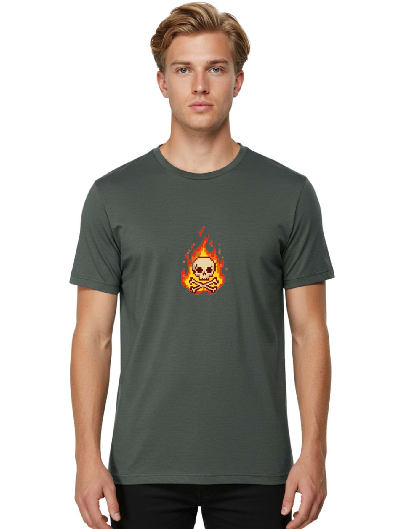 Pixel-Skull-And-Crossbones Men'S Graphic Tee, 100% Cotton, Comfortable Casual Summer Wear, Machine Washable, Death Symbol, Danger Sign, Warning Sign, Skull And Crossbones, Pixel Art, Retro Gaming, Grunge Aesthetics, Fiery Flames, Bae242