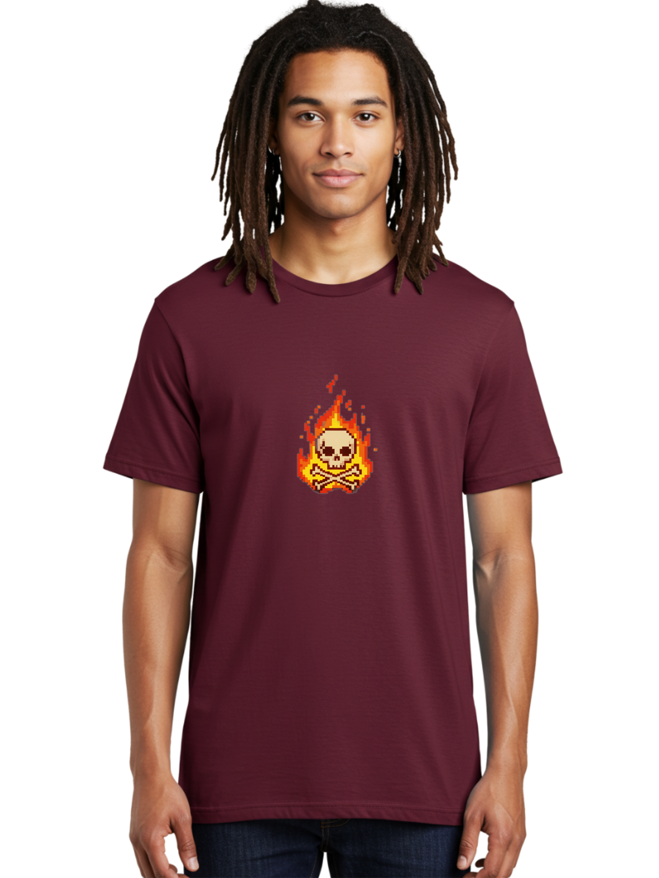 Pixel-Skull-And-Crossbones Men'S Graphic Tee, 100% Cotton, Comfortable Casual Summer Wear, Machine Washable, Death Symbol, Danger Sign, Warning Sign, Skull And Crossbones, Pixel Art, Retro Gaming, Grunge Aesthetics, Fiery Flames, Bae242