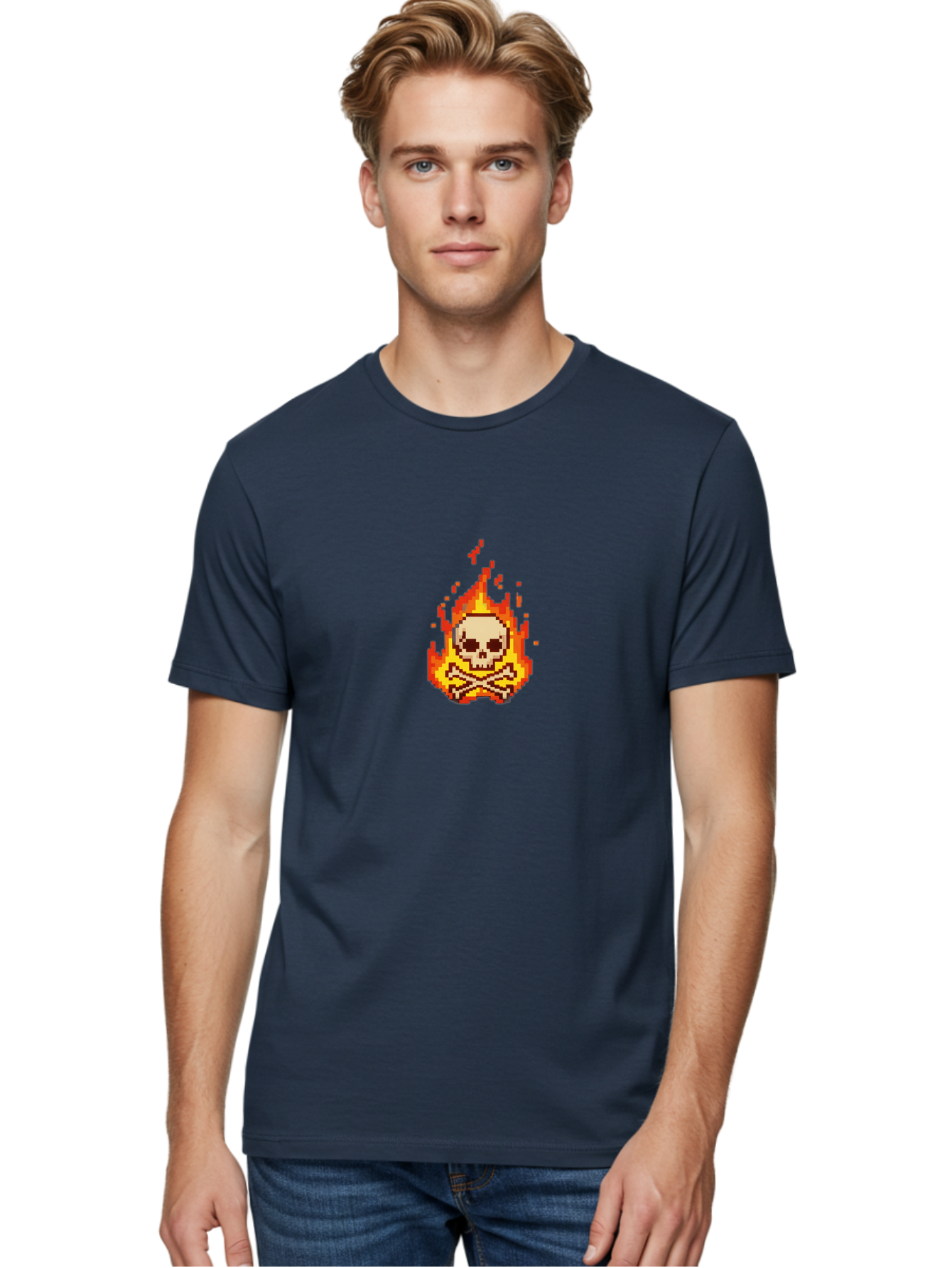 Pixel-Skull-And-Crossbones Men'S Graphic Tee, 100% Cotton, Comfortable Casual Summer Wear, Machine Washable, Death Symbol, Danger Sign, Warning Sign, Skull And Crossbones, Pixel Art, Retro Gaming, Grunge Aesthetics, Fiery Flames, Bae242