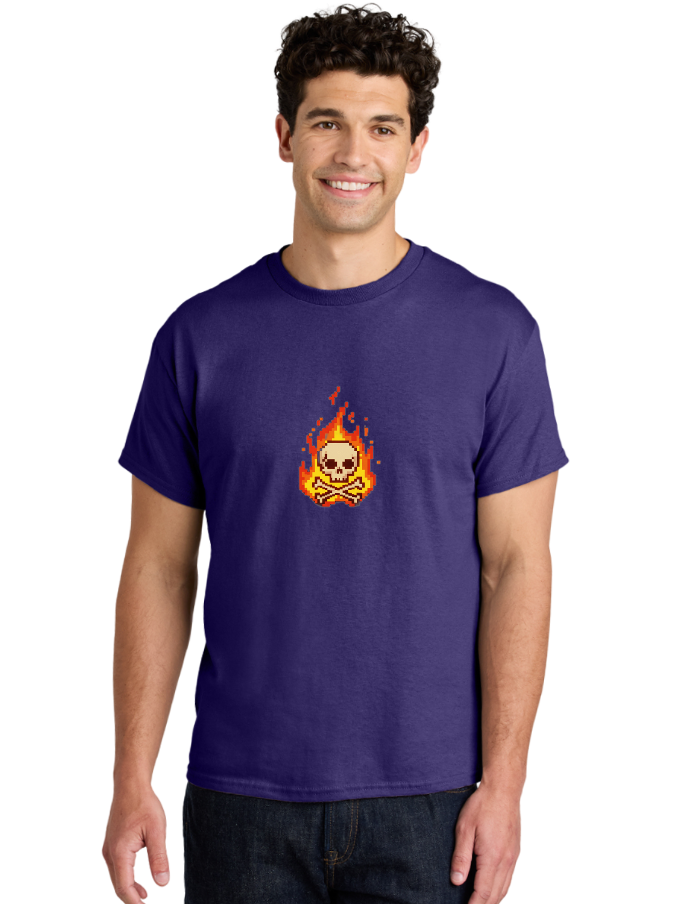 Pixel-Skull-And-Crossbones Men'S Graphic Tee, 100% Cotton, Comfortable Casual Summer Wear, Machine Washable, Death Symbol, Danger Sign, Warning Sign, Skull And Crossbones, Pixel Art, Retro Gaming, Grunge Aesthetics, Fiery Flames, Bae242