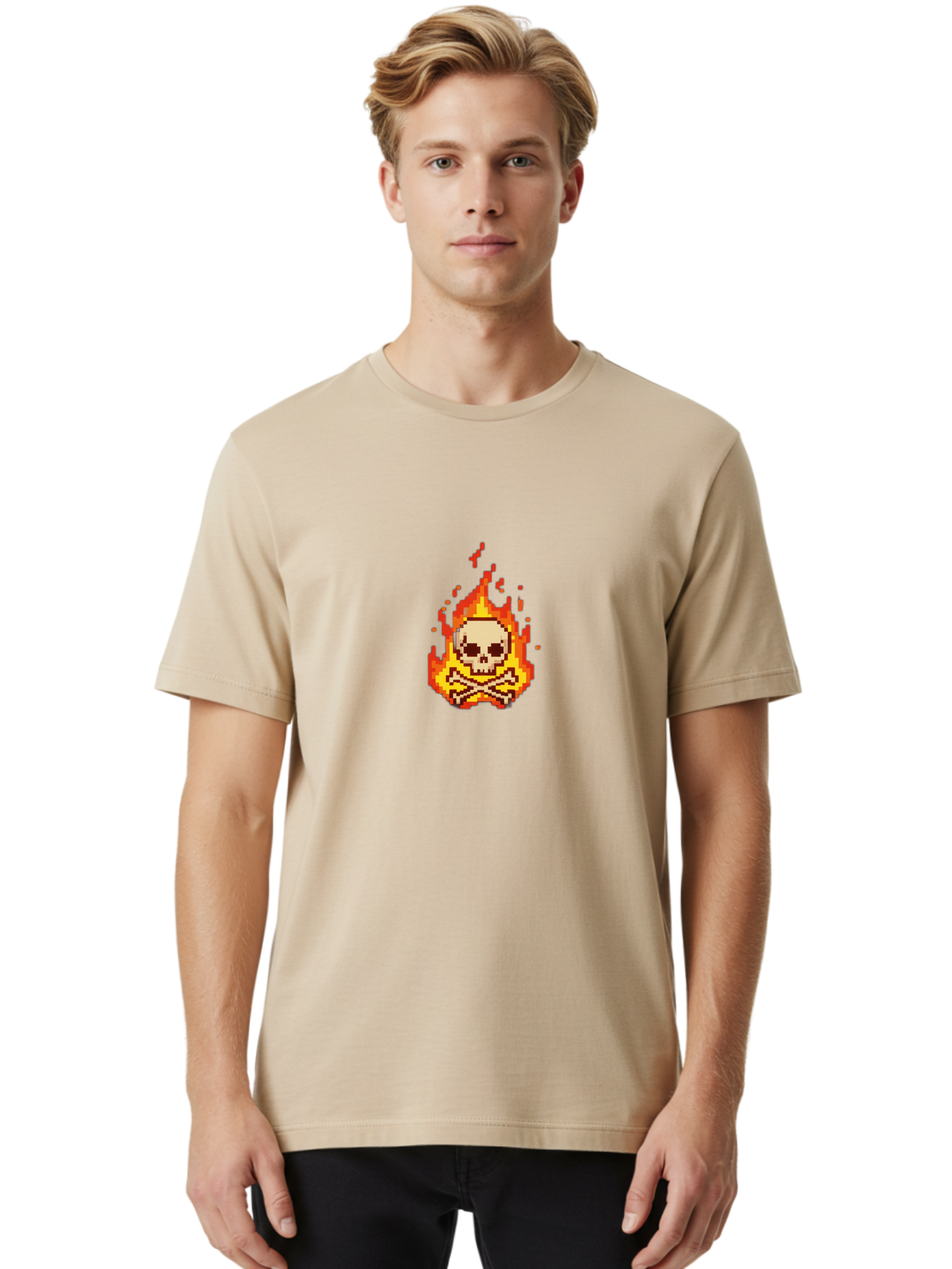 Pixel-Skull-And-Crossbones Men'S Graphic Tee, 100% Cotton, Comfortable Casual Summer Wear, Machine Washable, Death Symbol, Danger Sign, Warning Sign, Skull And Crossbones, Pixel Art, Retro Gaming, Grunge Aesthetics, Fiery Flames, Bae242