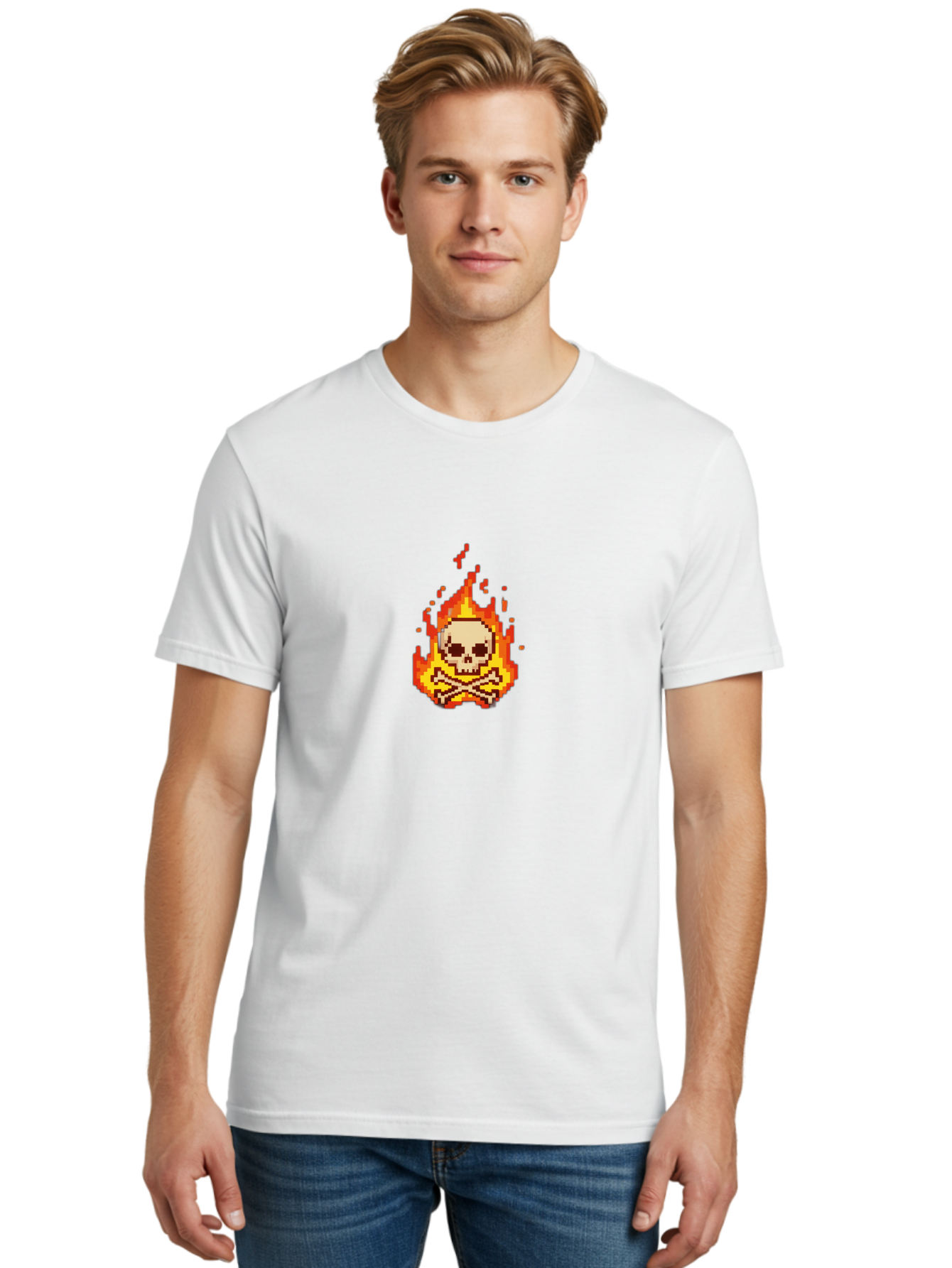 Pixel-Skull-And-Crossbones Men'S Graphic Tee, 100% Cotton, Comfortable Casual Summer Wear, Machine Washable, Death Symbol, Danger Sign, Warning Sign, Skull And Crossbones, Pixel Art, Retro Gaming, Grunge Aesthetics, Fiery Flames, Bae242