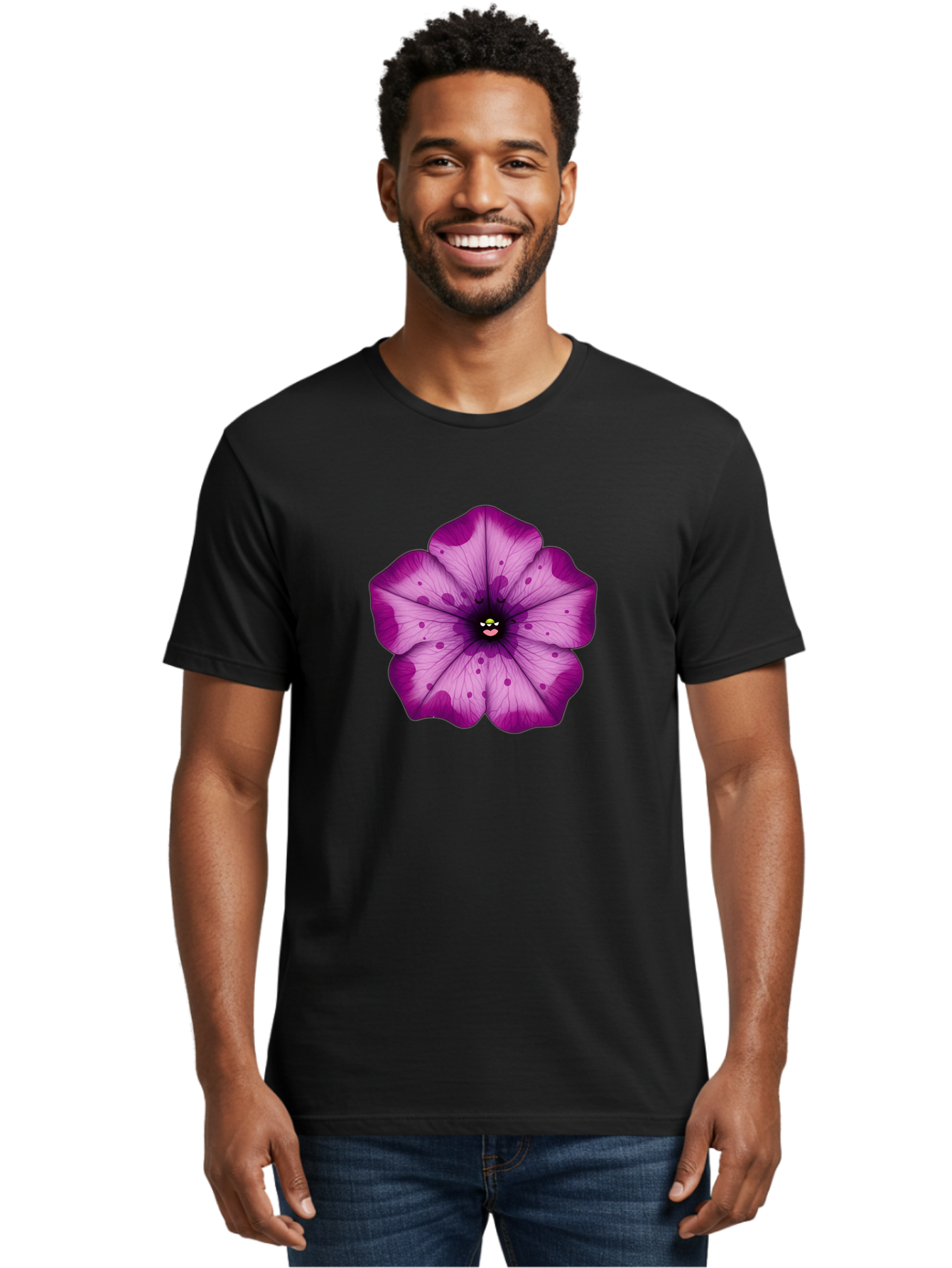 Purple-Flower Men'S Graphic Tee, 100% Cotton, Comfortable Casual Summer Wear, Machine Washable, Purple Flower, Cartoon Style, Vibrant Colors, Whimsical Design, Floral Pattern, Playful Character, Purple Petals, Spotty Design Bae243
