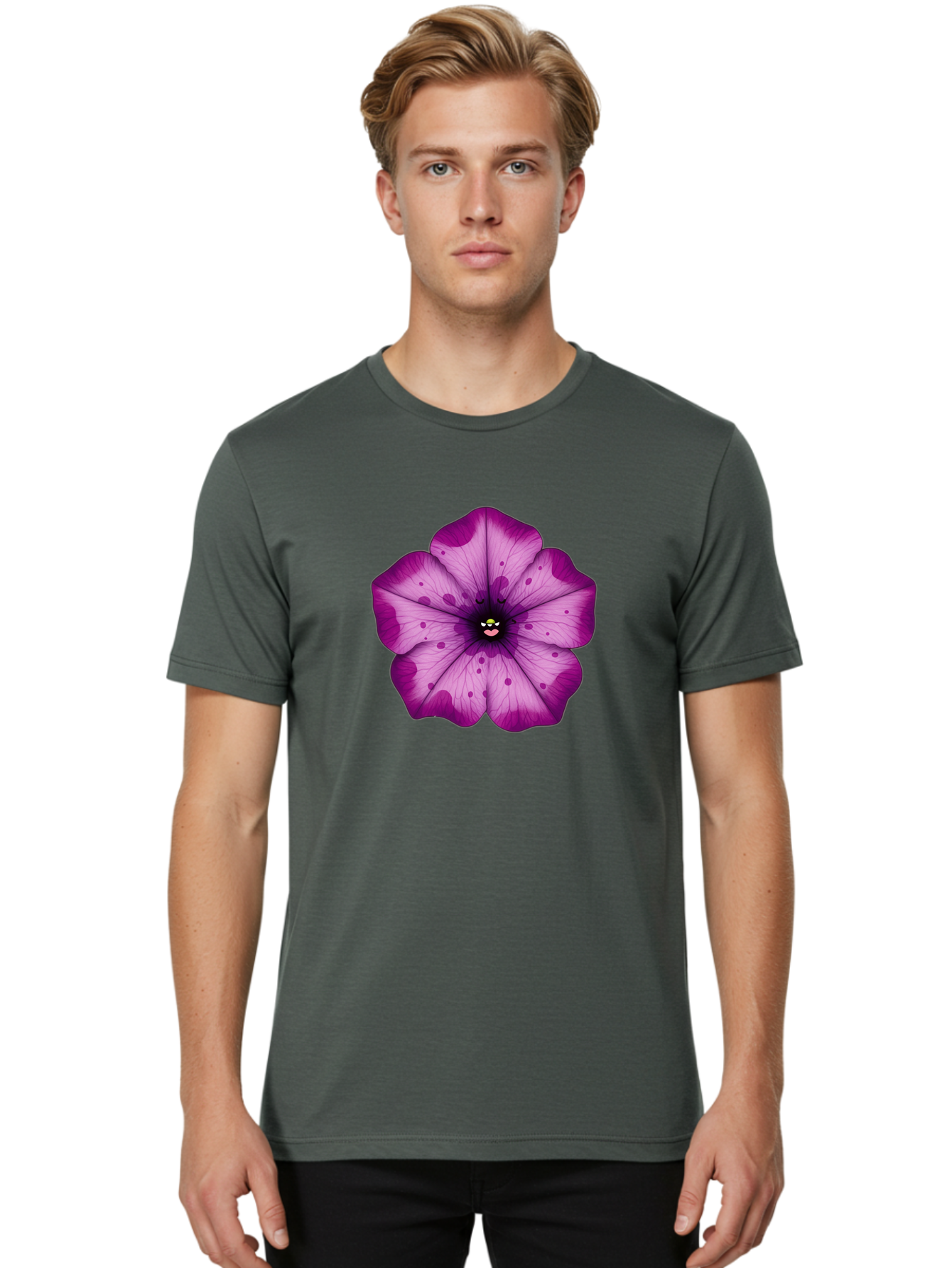Purple-Flower Men'S Graphic Tee, 100% Cotton, Comfortable Casual Summer Wear, Machine Washable, Purple Flower, Cartoon Style, Vibrant Colors, Whimsical Design, Floral Pattern, Playful Character, Purple Petals, Spotty Design Bae243