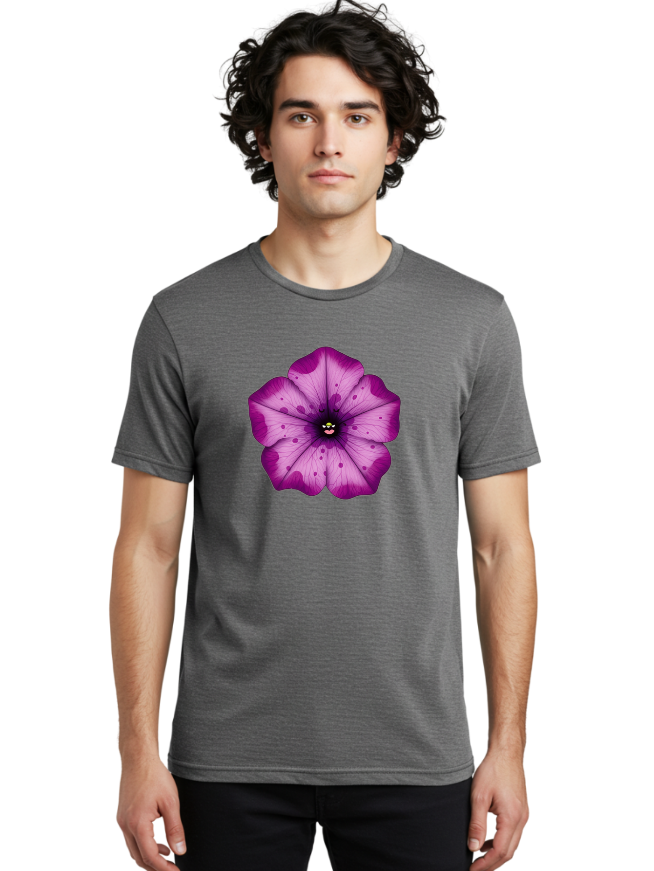 Purple-Flower Men'S Graphic Tee, 100% Cotton, Comfortable Casual Summer Wear, Machine Washable, Purple Flower, Cartoon Style, Vibrant Colors, Whimsical Design, Floral Pattern, Playful Character, Purple Petals, Spotty Design Bae243