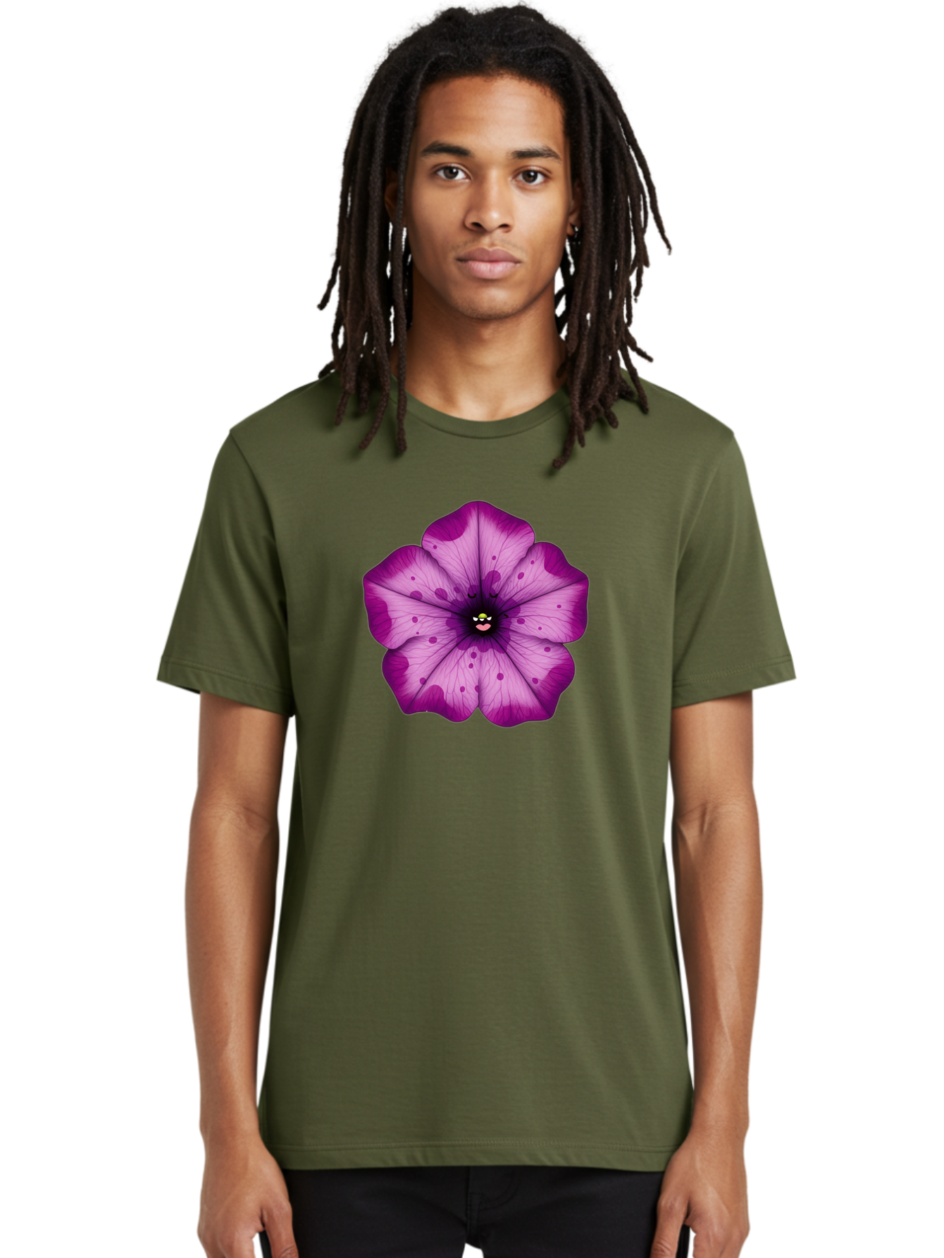 Purple-Flower Men'S Graphic Tee, 100% Cotton, Comfortable Casual Summer Wear, Machine Washable, Purple Flower, Cartoon Style, Vibrant Colors, Whimsical Design, Floral Pattern, Playful Character, Purple Petals, Spotty Design Bae243
