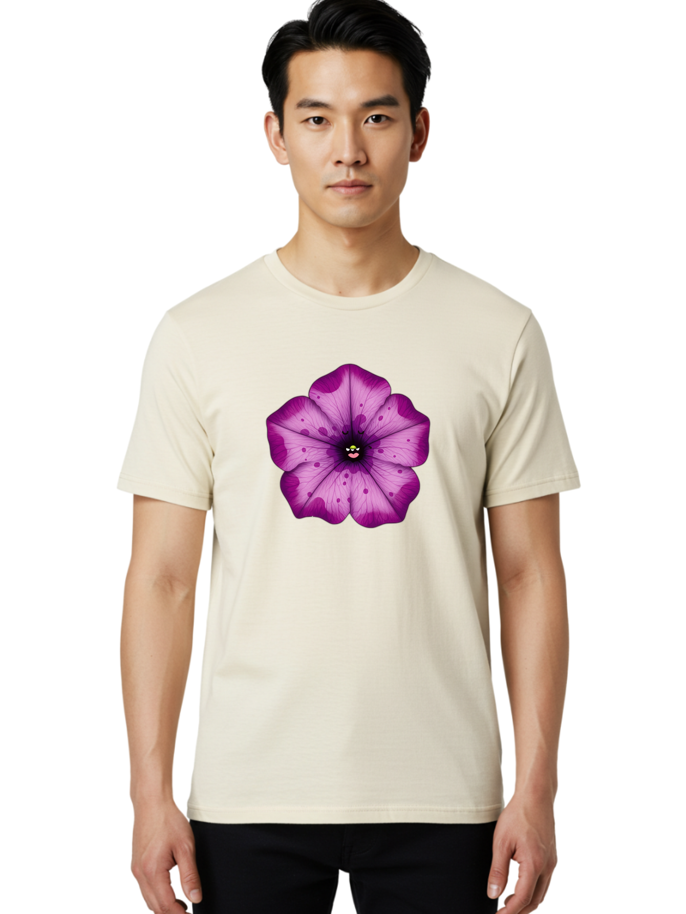 Purple-Flower Men'S Graphic Tee, 100% Cotton, Comfortable Casual Summer Wear, Machine Washable, Purple Flower, Cartoon Style, Vibrant Colors, Whimsical Design, Floral Pattern, Playful Character, Purple Petals, Spotty Design Bae243