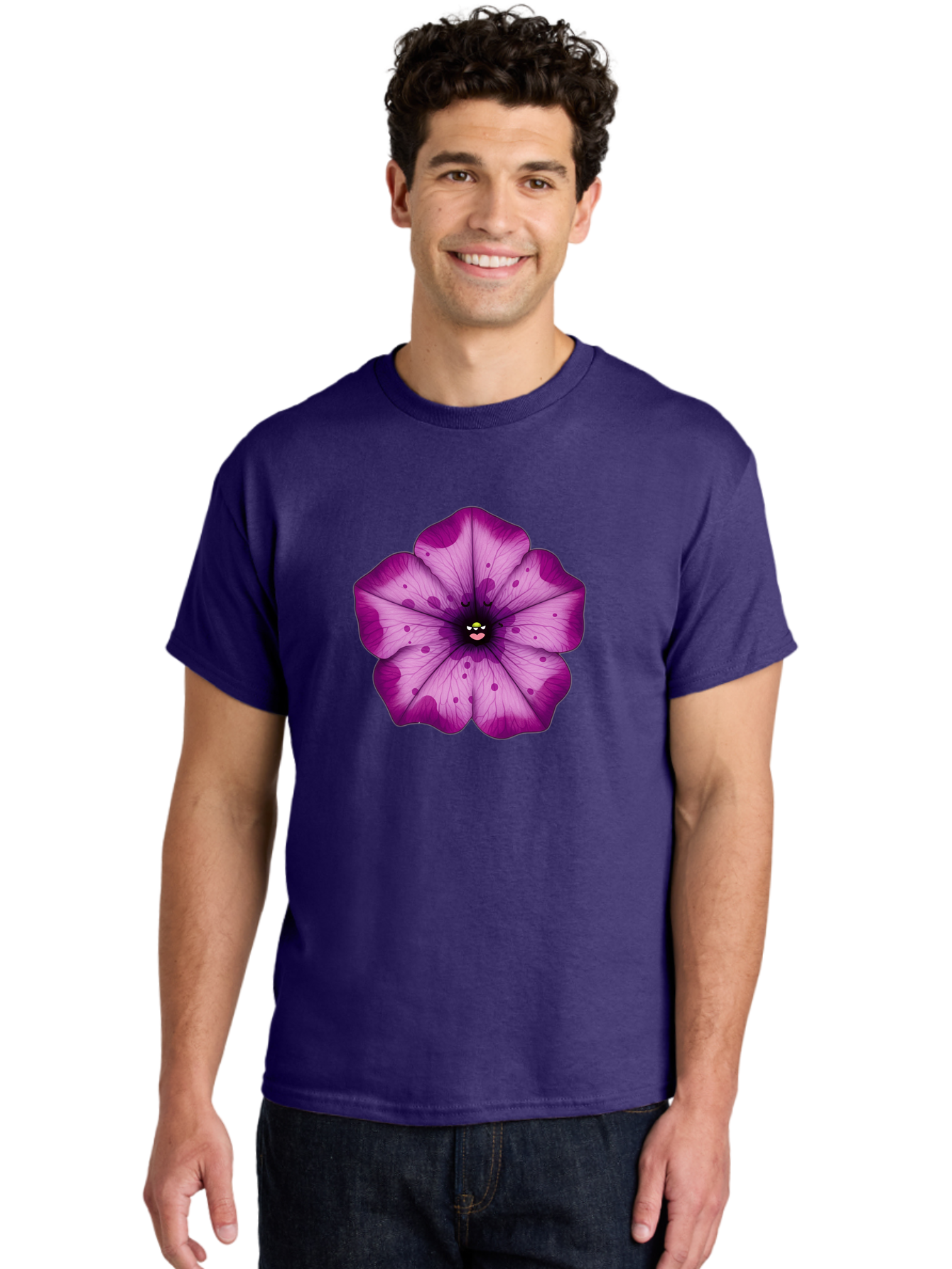 Purple-Flower Men'S Graphic Tee, 100% Cotton, Comfortable Casual Summer Wear, Machine Washable, Purple Flower, Cartoon Style, Vibrant Colors, Whimsical Design, Floral Pattern, Playful Character, Purple Petals, Spotty Design Bae243