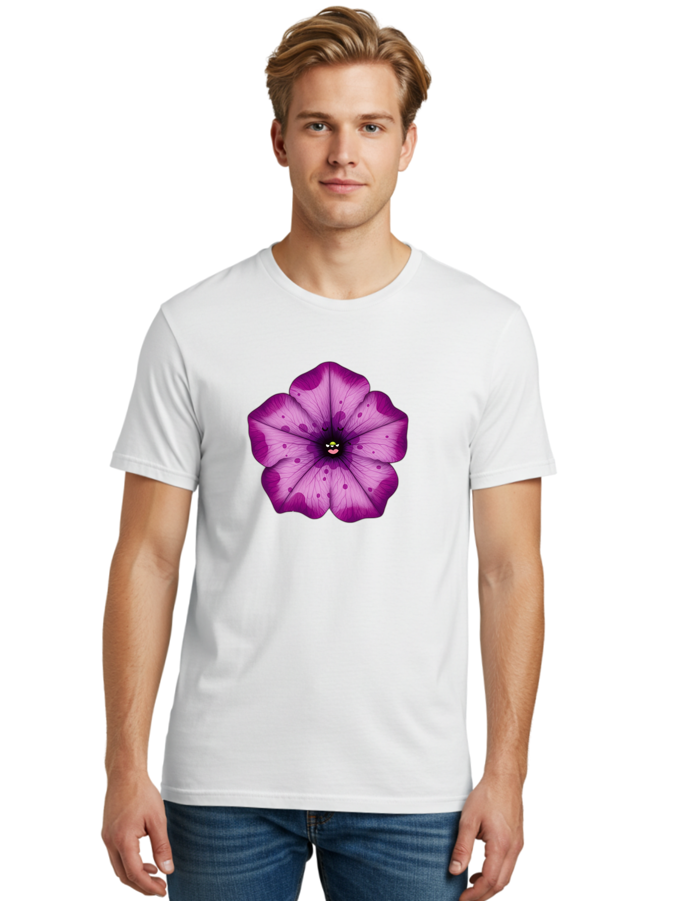 Purple-Flower Men'S Graphic Tee, 100% Cotton, Comfortable Casual Summer Wear, Machine Washable, Purple Flower, Cartoon Style, Vibrant Colors, Whimsical Design, Floral Pattern, Playful Character, Purple Petals, Spotty Design Bae243