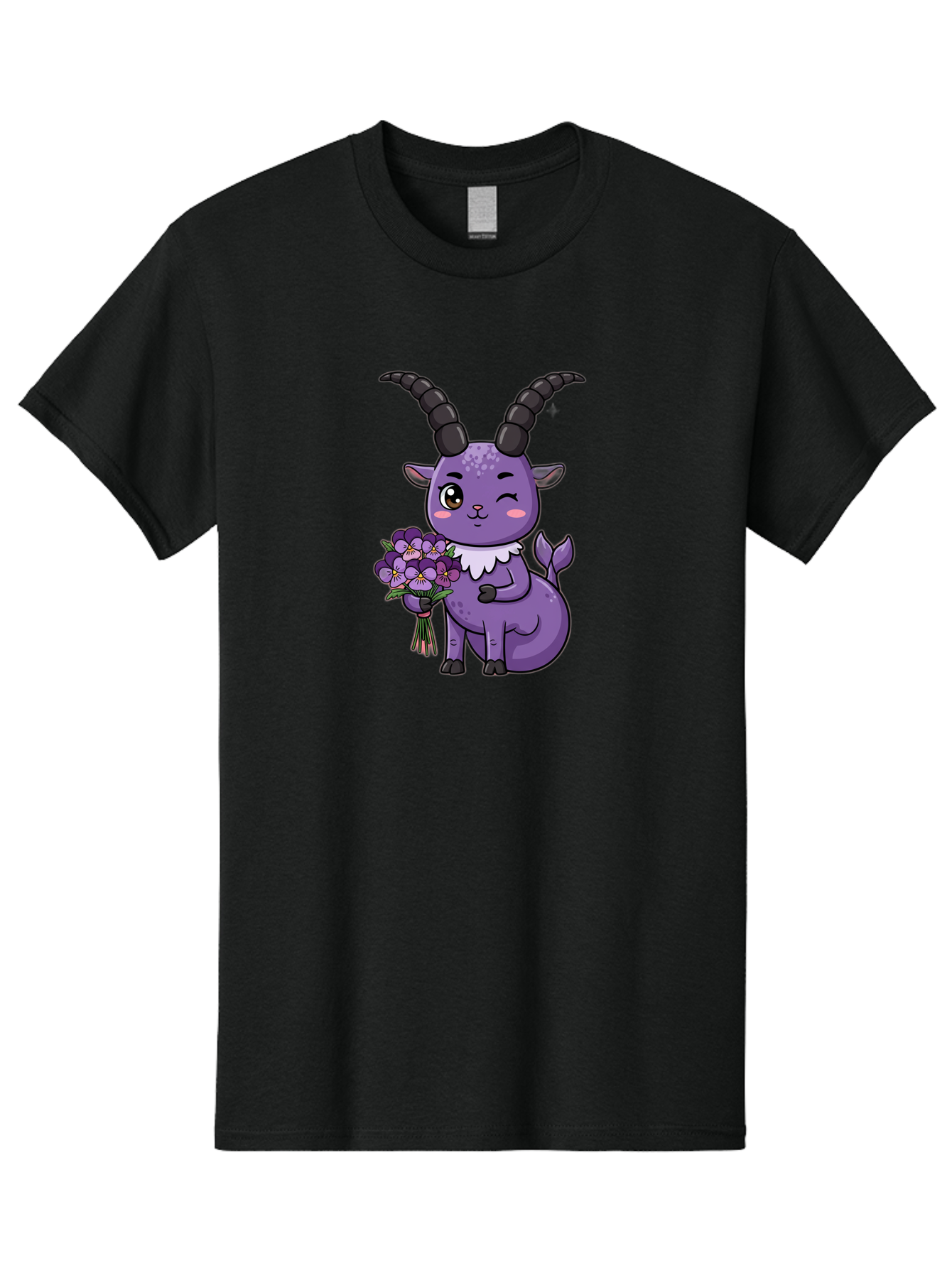Purple-Goat Men'S Graphic Tee, 100% Cotton, Comfortable Casual Summer Wear, Machine Washable, Kawaii Goat, Cartoon Character, Purple Goat, Bouquet Of Flowers, Whimsical Design, Fantasy Creature, Adorable Illustration, Purple Flowers, Bae244