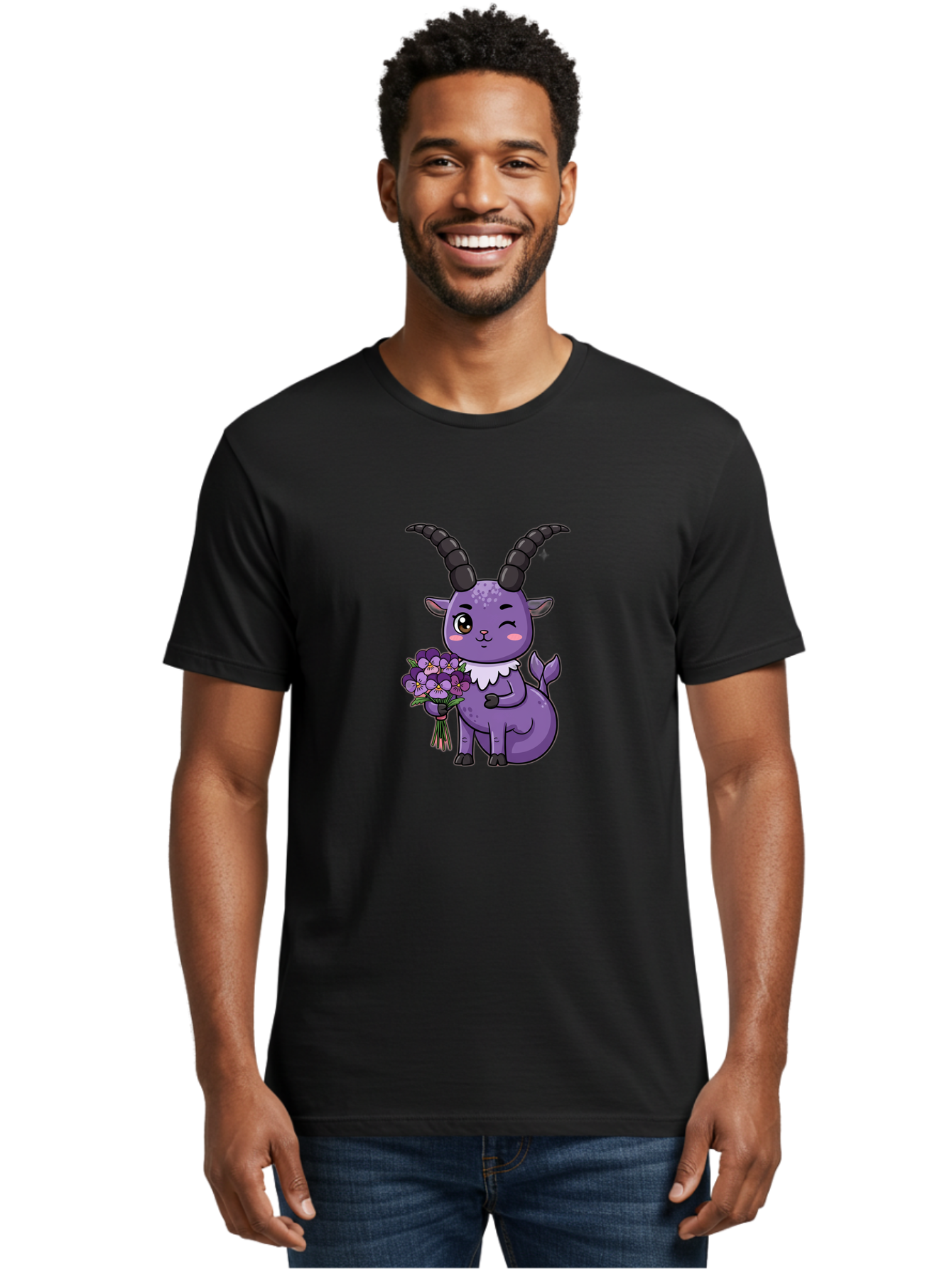 Purple-Goat Men'S Graphic Tee, 100% Cotton, Comfortable Casual Summer Wear, Machine Washable, Kawaii Goat, Cartoon Character, Purple Goat, Bouquet Of Flowers, Whimsical Design, Fantasy Creature, Adorable Illustration, Purple Flowers, Bae244