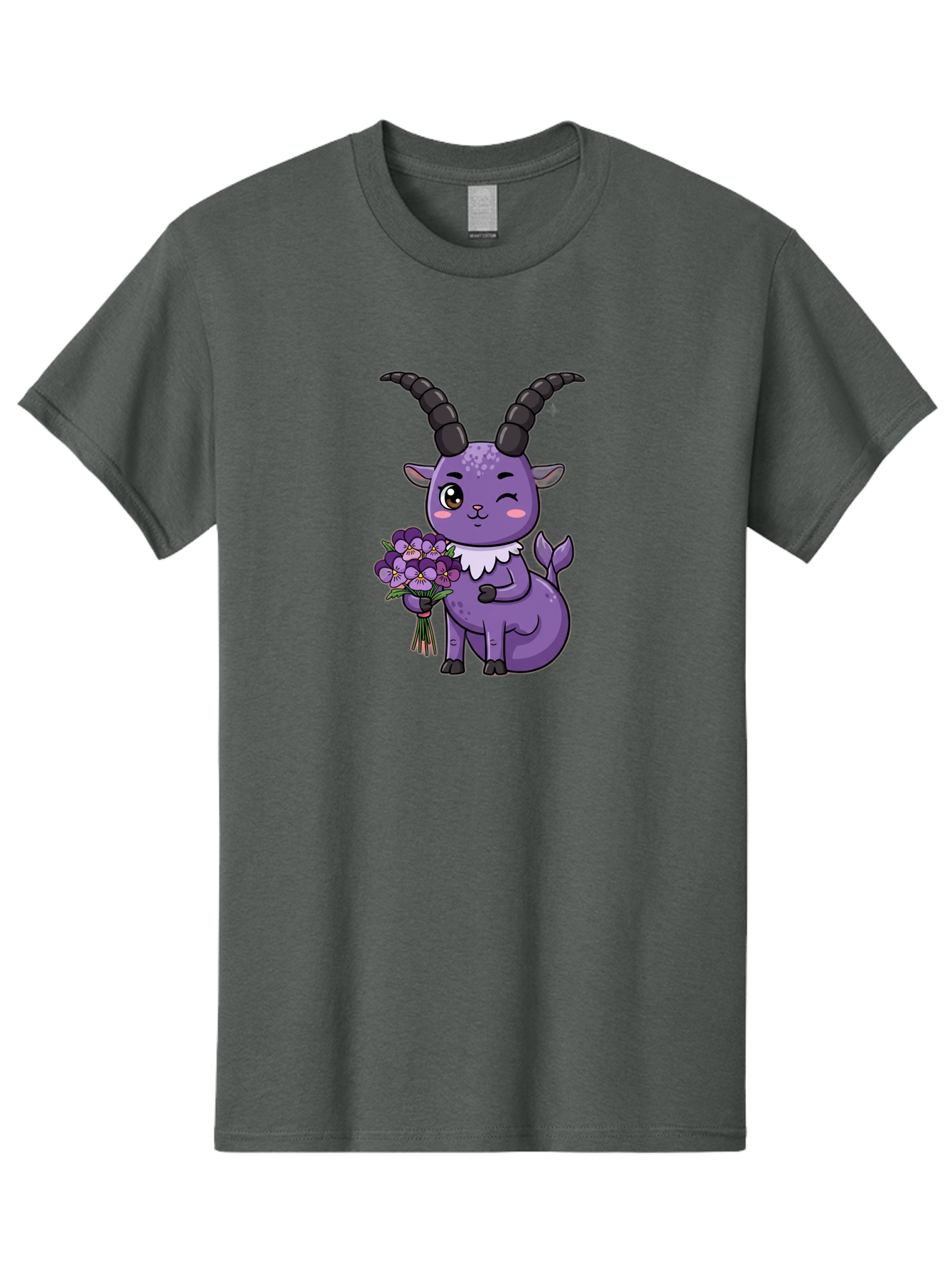 Purple-Goat Men'S Graphic Tee, 100% Cotton, Comfortable Casual Summer Wear, Machine Washable, Kawaii Goat, Cartoon Character, Purple Goat, Bouquet Of Flowers, Whimsical Design, Fantasy Creature, Adorable Illustration, Purple Flowers, Bae244