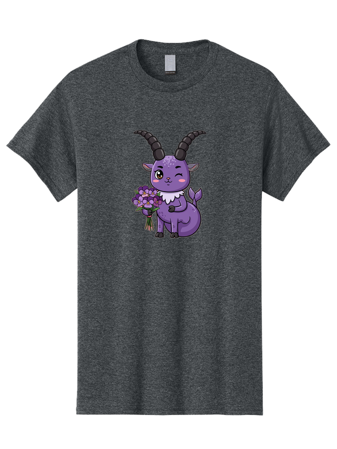 Purple-Goat Men'S Graphic Tee, 100% Cotton, Comfortable Casual Summer Wear, Machine Washable, Kawaii Goat, Cartoon Character, Purple Goat, Bouquet Of Flowers, Whimsical Design, Fantasy Creature, Adorable Illustration, Purple Flowers, Bae244