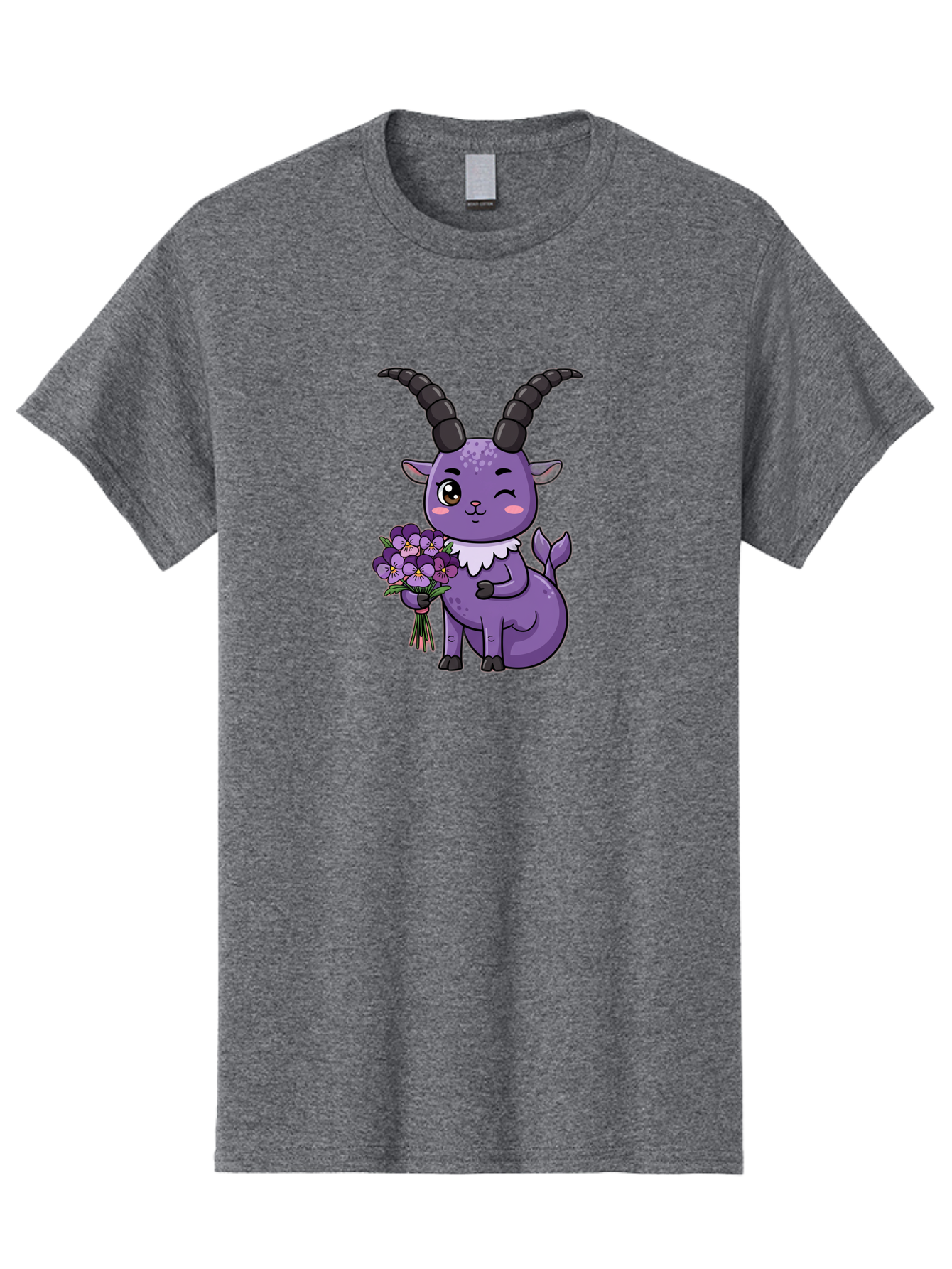Purple-Goat Men'S Graphic Tee, 100% Cotton, Comfortable Casual Summer Wear, Machine Washable, Kawaii Goat, Cartoon Character, Purple Goat, Bouquet Of Flowers, Whimsical Design, Fantasy Creature, Adorable Illustration, Purple Flowers, Bae244