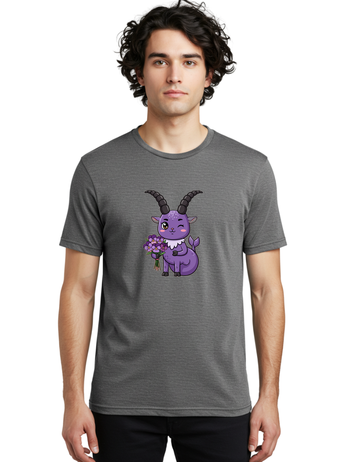 Purple-Goat Men'S Graphic Tee, 100% Cotton, Comfortable Casual Summer Wear, Machine Washable, Kawaii Goat, Cartoon Character, Purple Goat, Bouquet Of Flowers, Whimsical Design, Fantasy Creature, Adorable Illustration, Purple Flowers, Bae244