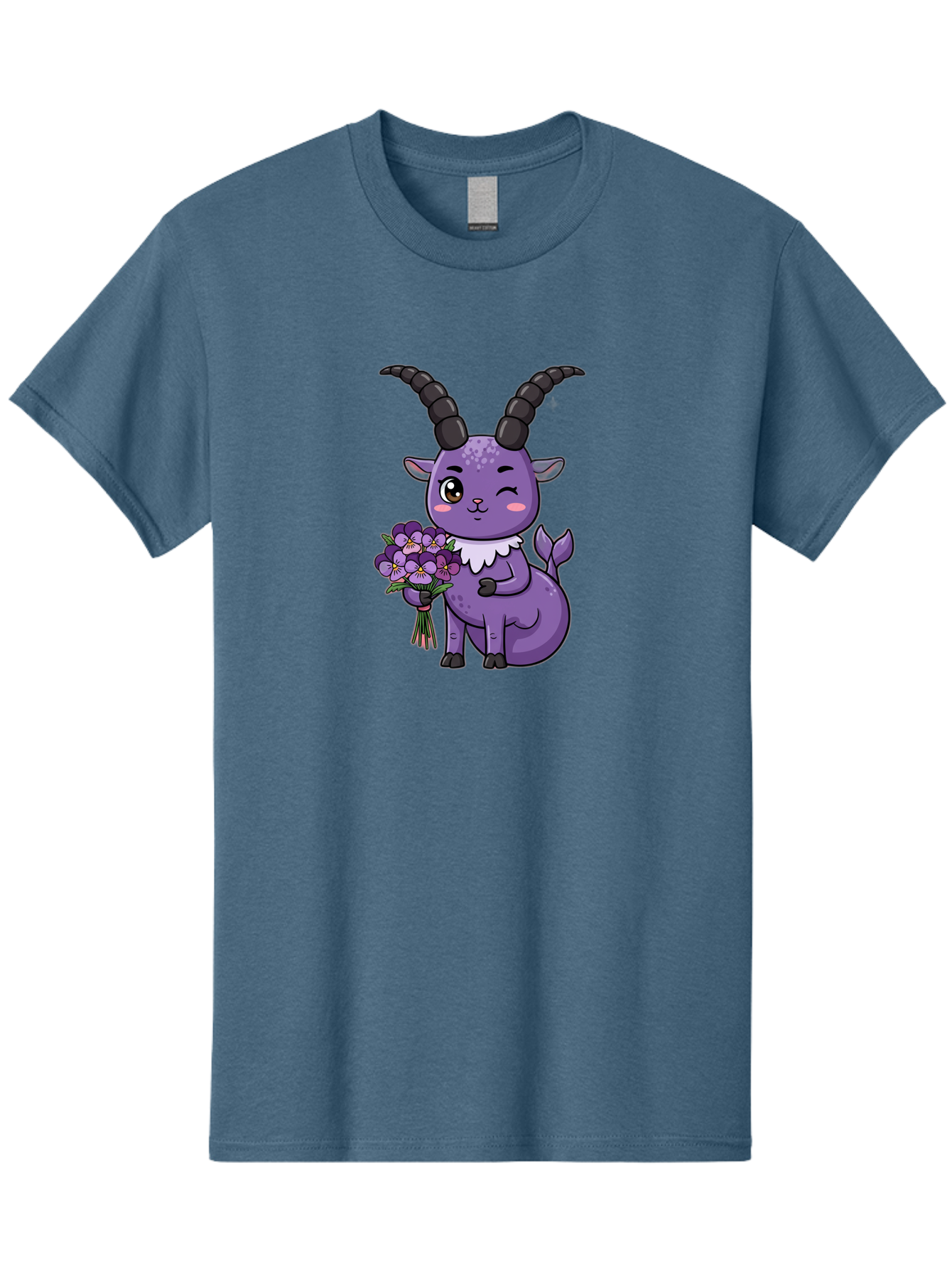 Purple-Goat Men'S Graphic Tee, 100% Cotton, Comfortable Casual Summer Wear, Machine Washable, Kawaii Goat, Cartoon Character, Purple Goat, Bouquet Of Flowers, Whimsical Design, Fantasy Creature, Adorable Illustration, Purple Flowers, Bae244