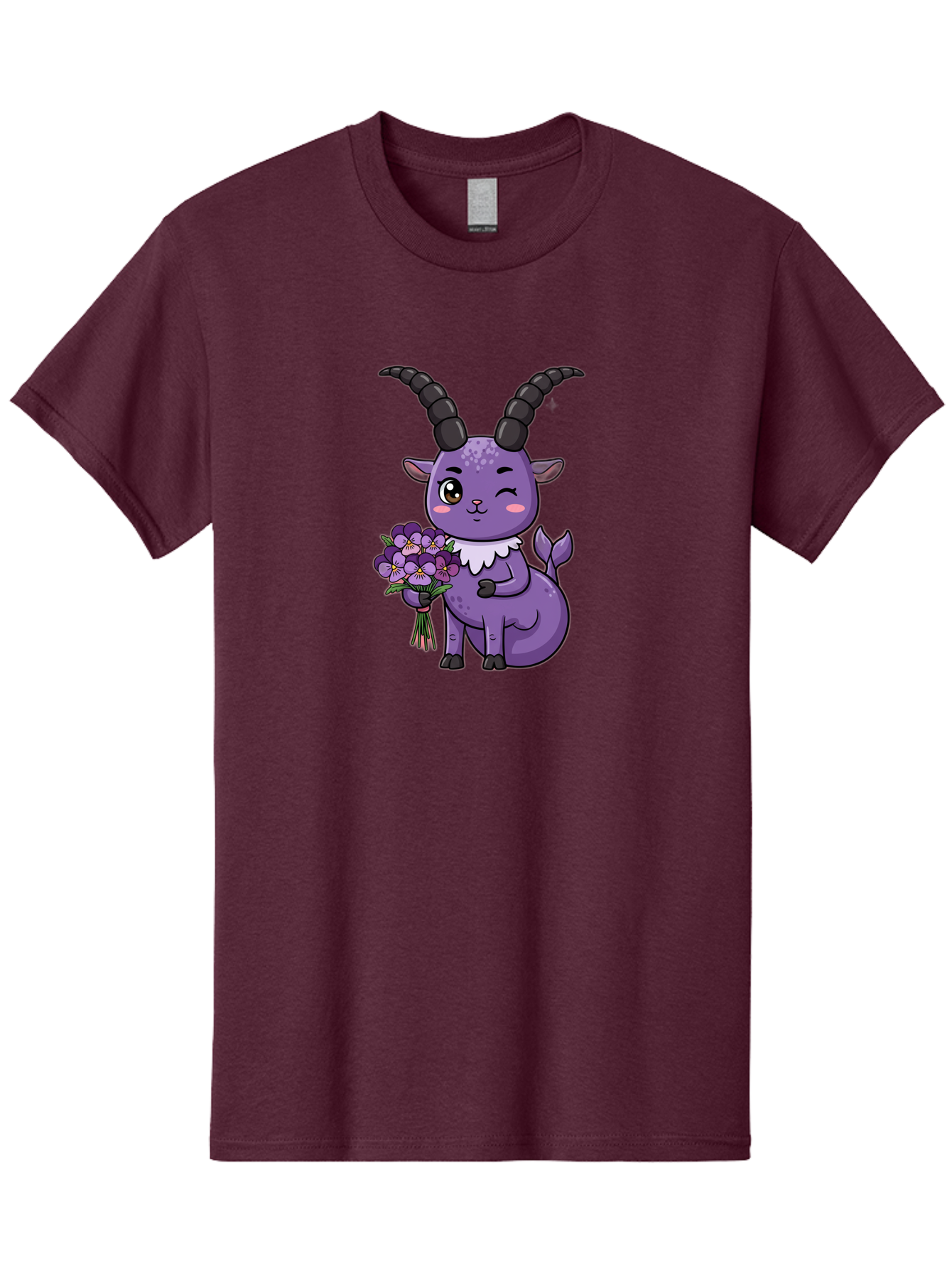Purple-Goat Men'S Graphic Tee, 100% Cotton, Comfortable Casual Summer Wear, Machine Washable, Kawaii Goat, Cartoon Character, Purple Goat, Bouquet Of Flowers, Whimsical Design, Fantasy Creature, Adorable Illustration, Purple Flowers, Bae244