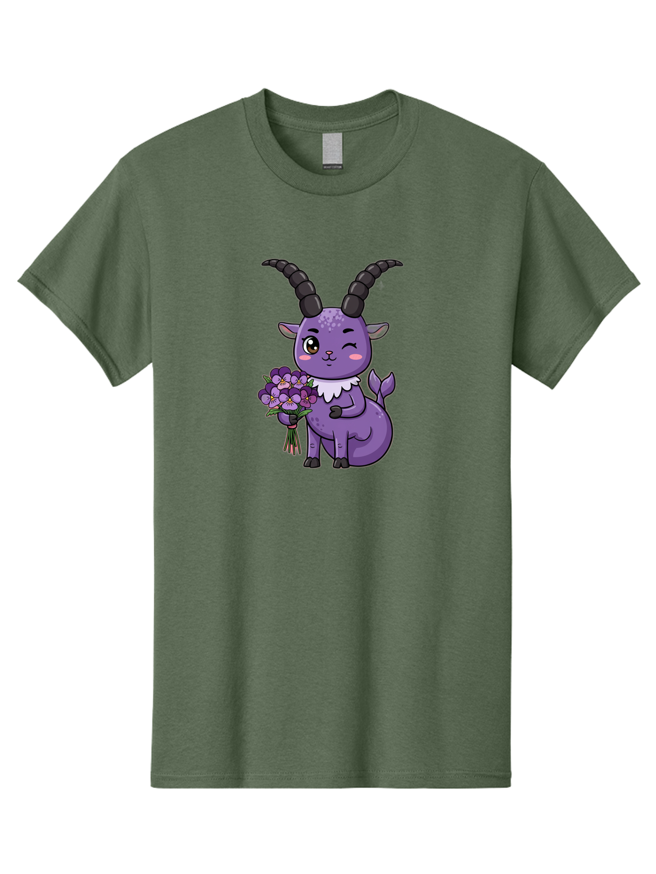 Purple-Goat Men'S Graphic Tee, 100% Cotton, Comfortable Casual Summer Wear, Machine Washable, Kawaii Goat, Cartoon Character, Purple Goat, Bouquet Of Flowers, Whimsical Design, Fantasy Creature, Adorable Illustration, Purple Flowers, Bae244