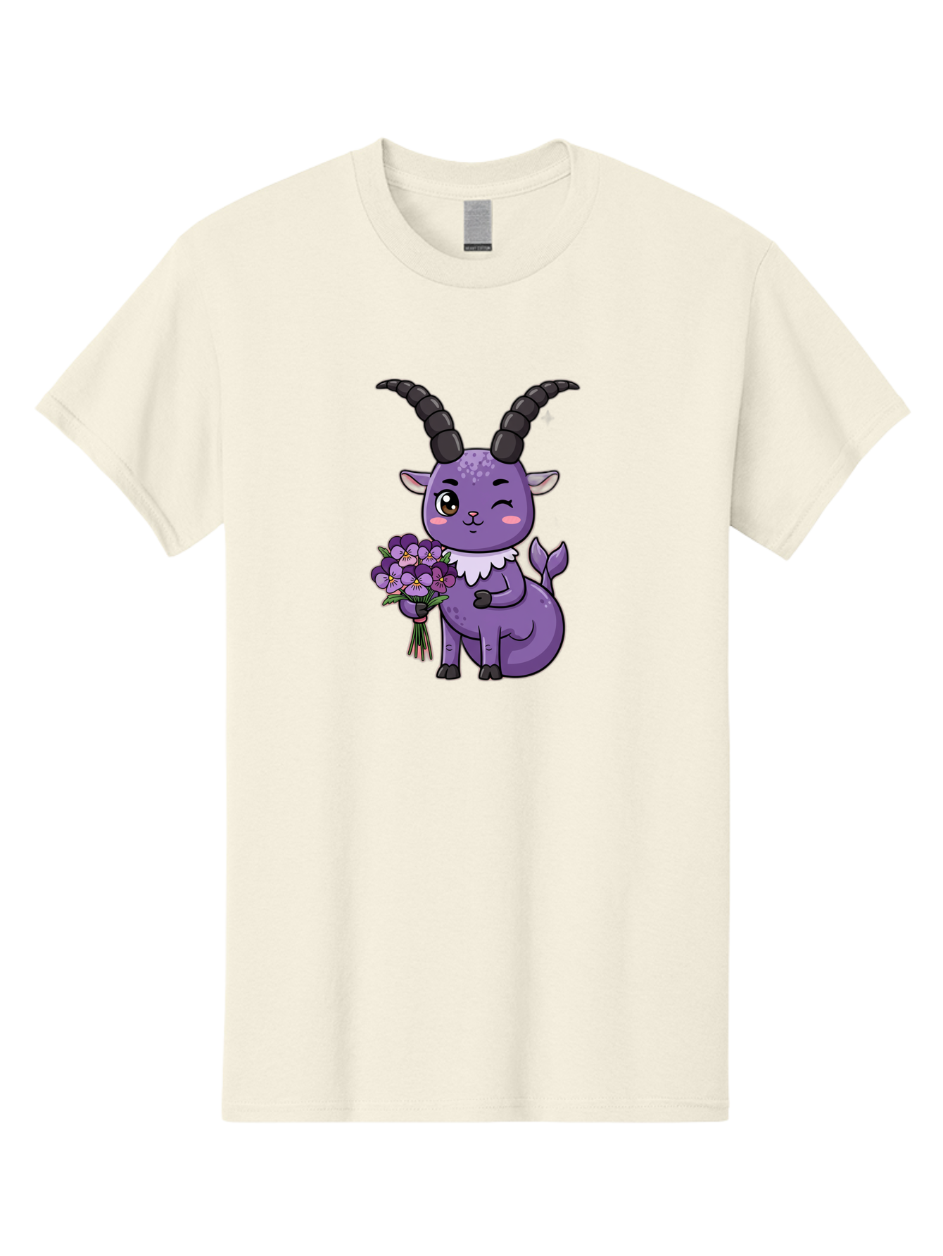Purple-Goat Men'S Graphic Tee, 100% Cotton, Comfortable Casual Summer Wear, Machine Washable, Kawaii Goat, Cartoon Character, Purple Goat, Bouquet Of Flowers, Whimsical Design, Fantasy Creature, Adorable Illustration, Purple Flowers, Bae244
