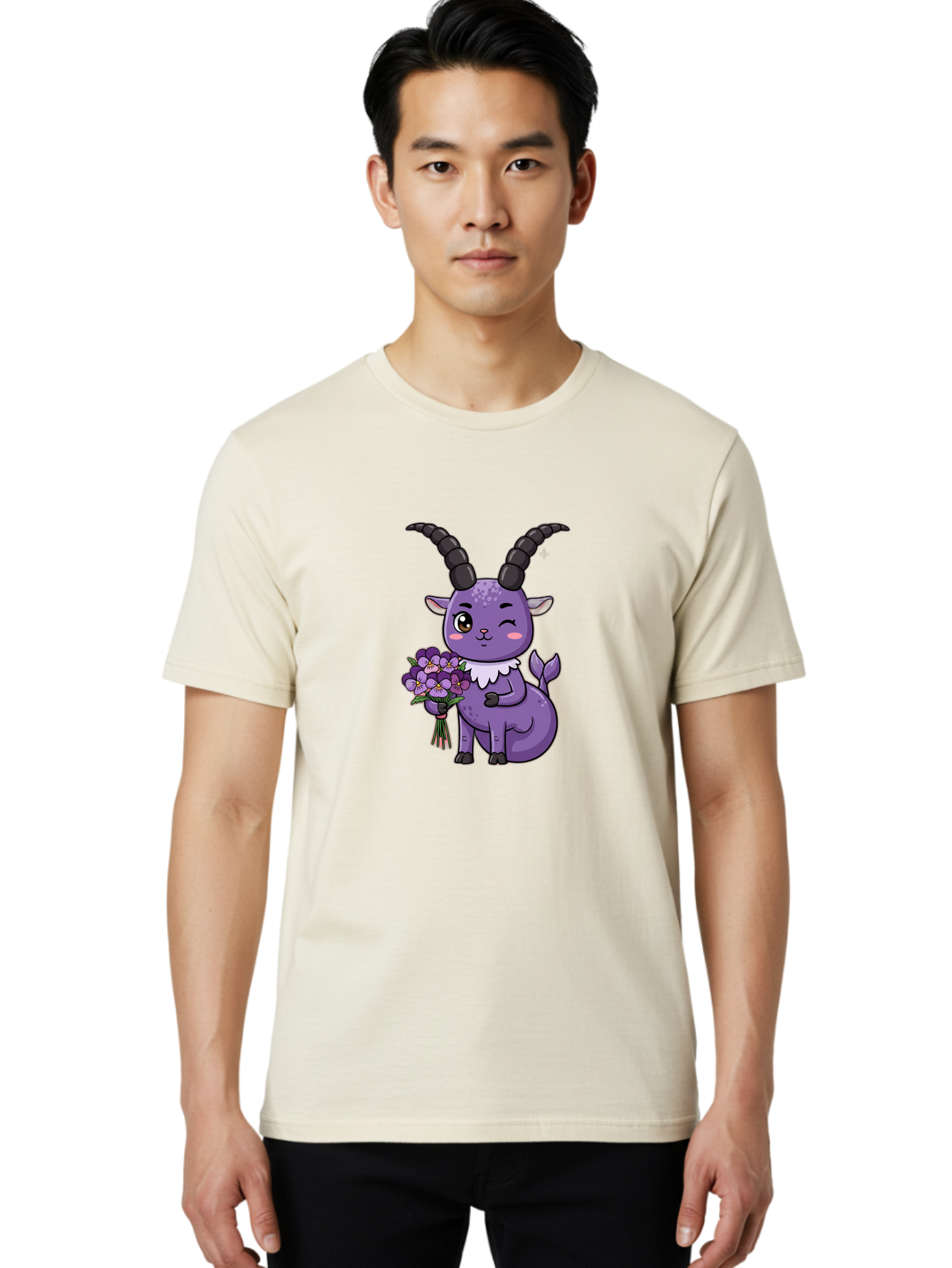 Purple-Goat Men'S Graphic Tee, 100% Cotton, Comfortable Casual Summer Wear, Machine Washable, Kawaii Goat, Cartoon Character, Purple Goat, Bouquet Of Flowers, Whimsical Design, Fantasy Creature, Adorable Illustration, Purple Flowers, Bae244