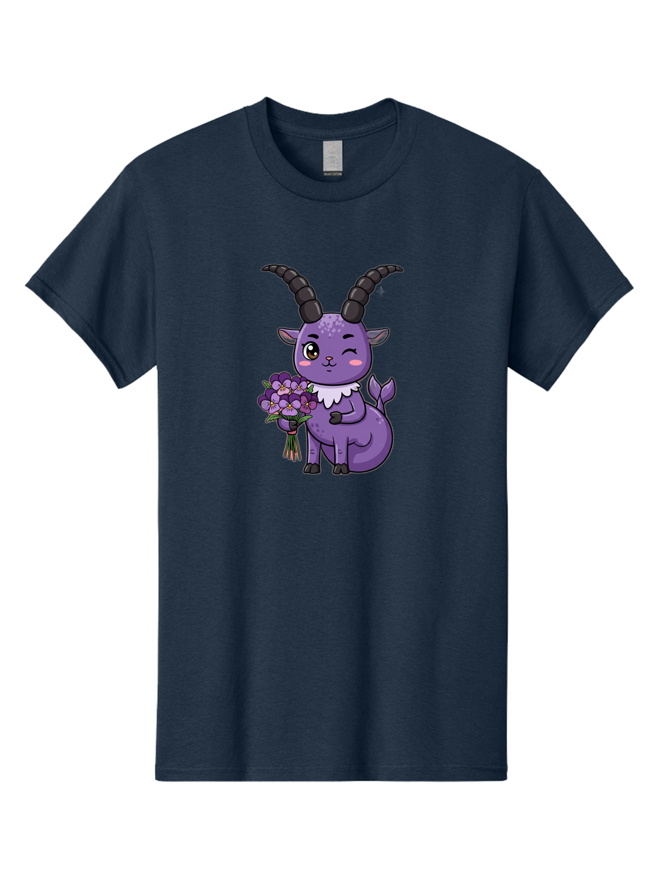 Purple-Goat Men'S Graphic Tee, 100% Cotton, Comfortable Casual Summer Wear, Machine Washable, Kawaii Goat, Cartoon Character, Purple Goat, Bouquet Of Flowers, Whimsical Design, Fantasy Creature, Adorable Illustration, Purple Flowers, Bae244