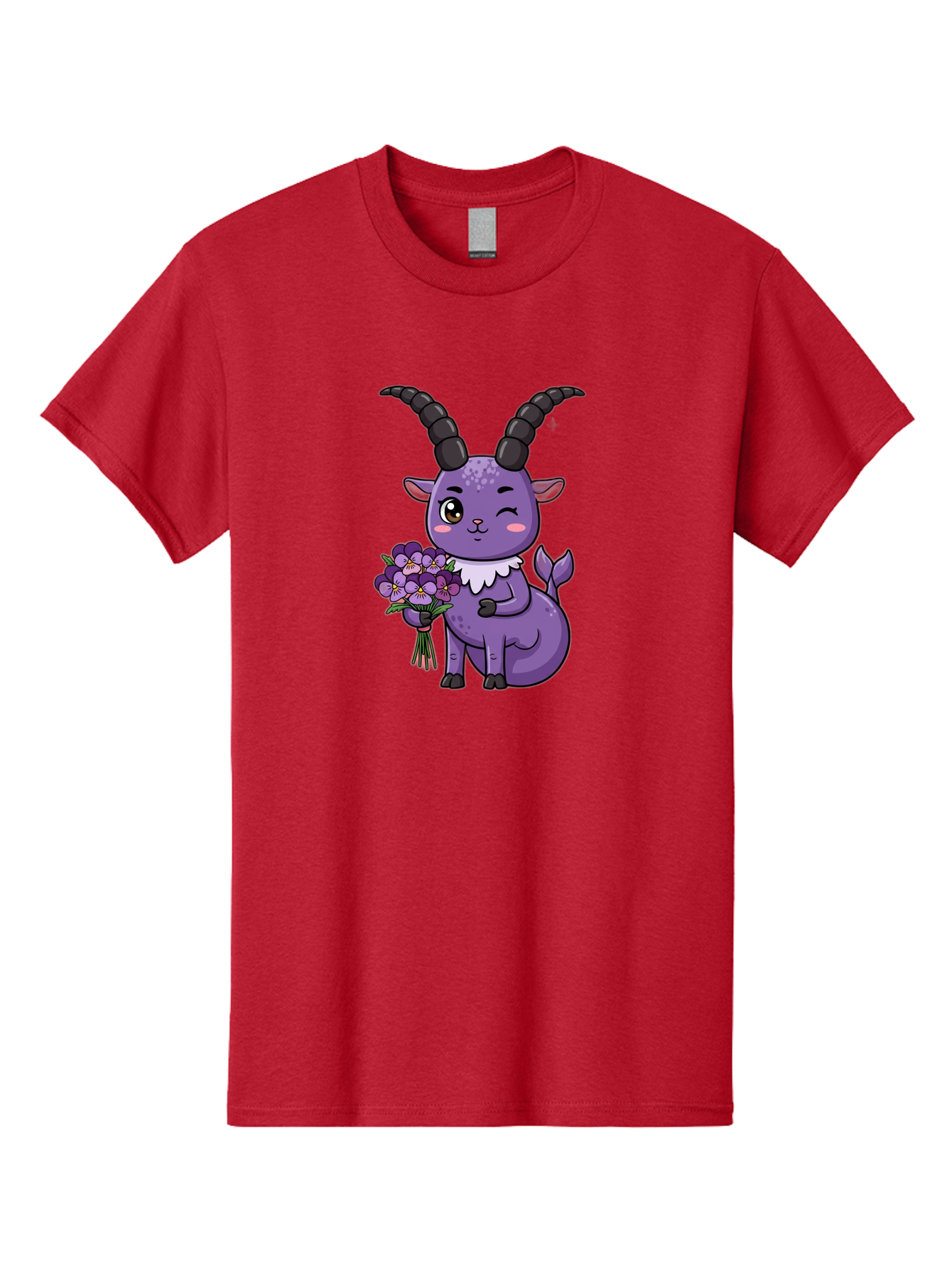 Purple-Goat Men'S Graphic Tee, 100% Cotton, Comfortable Casual Summer Wear, Machine Washable, Kawaii Goat, Cartoon Character, Purple Goat, Bouquet Of Flowers, Whimsical Design, Fantasy Creature, Adorable Illustration, Purple Flowers, Bae244