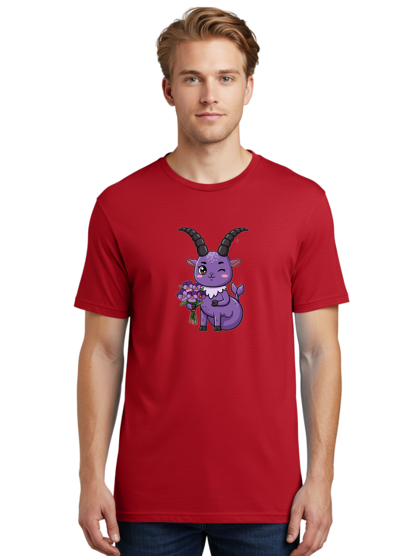 Purple-Goat Men'S Graphic Tee, 100% Cotton, Comfortable Casual Summer Wear, Machine Washable, Kawaii Goat, Cartoon Character, Purple Goat, Bouquet Of Flowers, Whimsical Design, Fantasy Creature, Adorable Illustration, Purple Flowers, Bae244