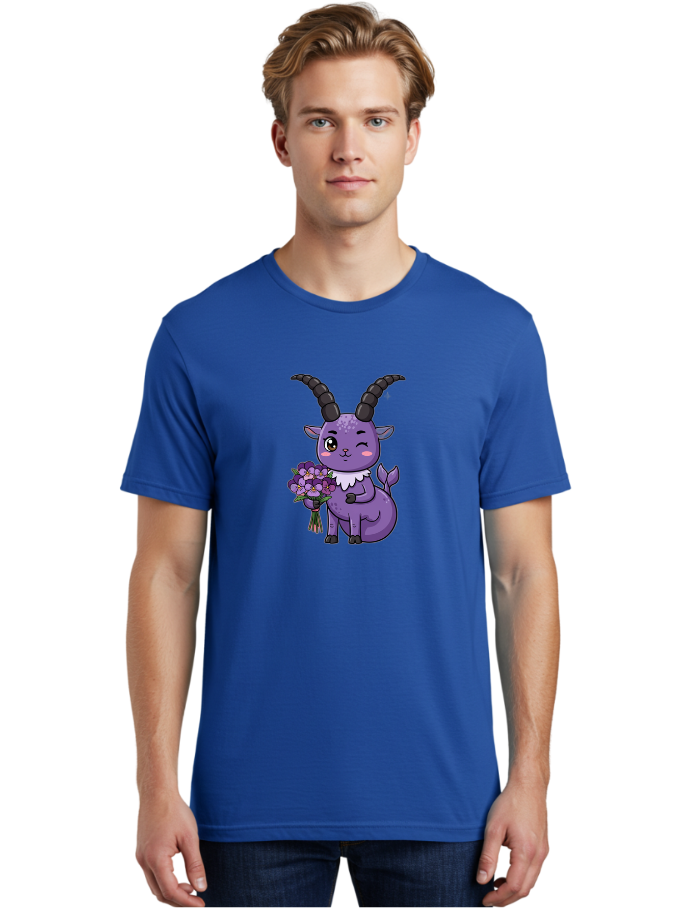 Purple-Goat Men'S Graphic Tee, 100% Cotton, Comfortable Casual Summer Wear, Machine Washable, Kawaii Goat, Cartoon Character, Purple Goat, Bouquet Of Flowers, Whimsical Design, Fantasy Creature, Adorable Illustration, Purple Flowers, Bae244