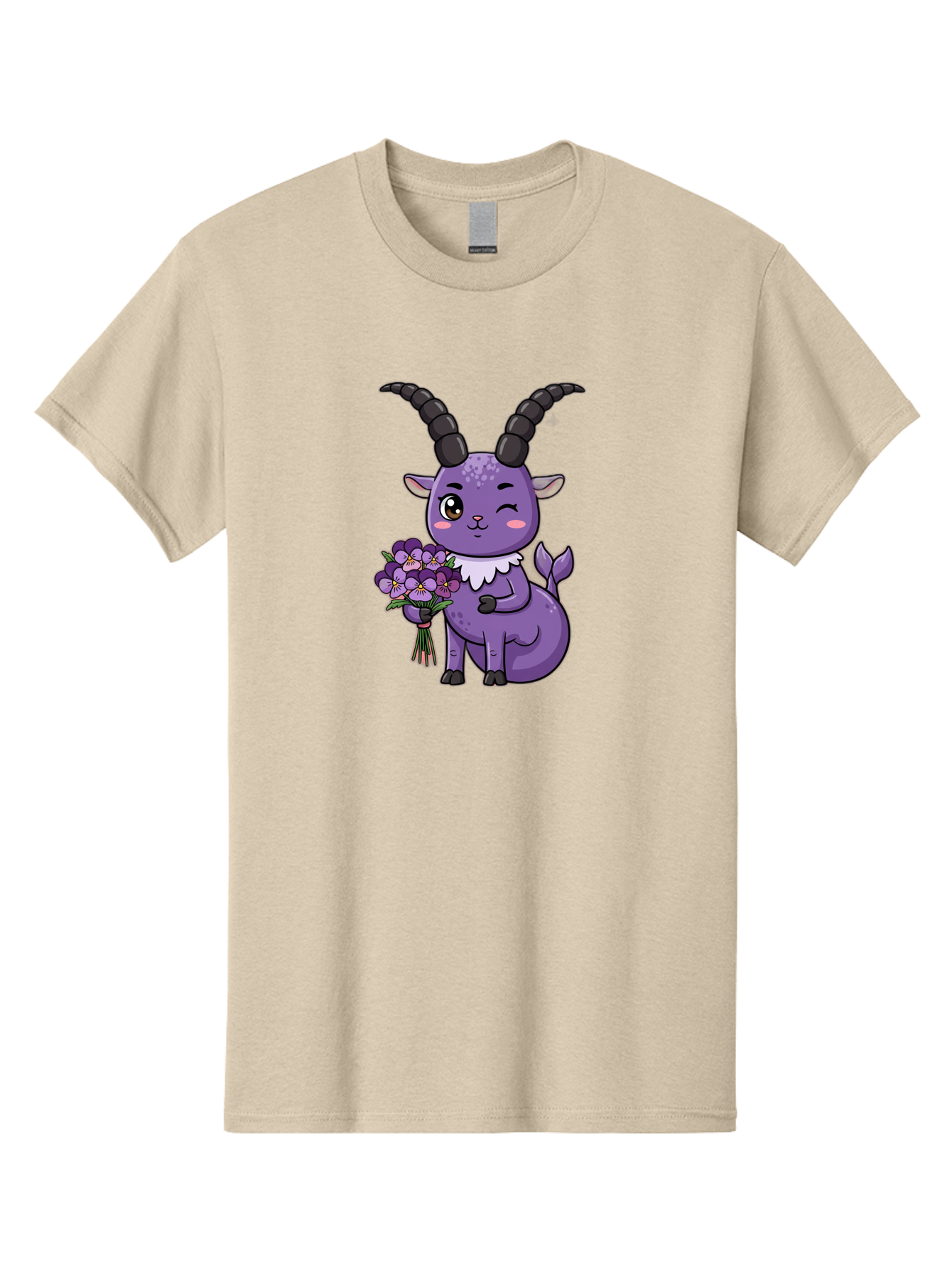 Purple-Goat Men'S Graphic Tee, 100% Cotton, Comfortable Casual Summer Wear, Machine Washable, Kawaii Goat, Cartoon Character, Purple Goat, Bouquet Of Flowers, Whimsical Design, Fantasy Creature, Adorable Illustration, Purple Flowers, Bae244